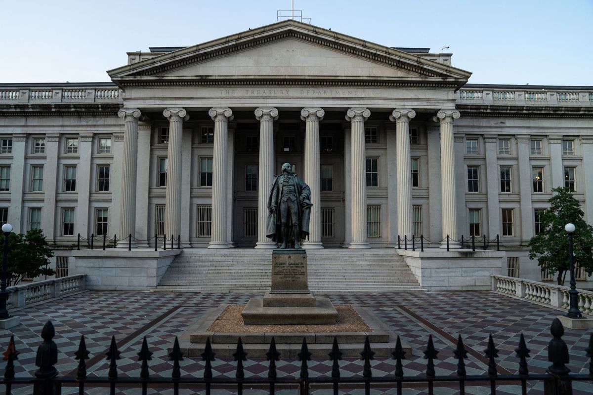 The U.S. Department of the Treasury building in Washington, D.C., seen from the street with its classical columns