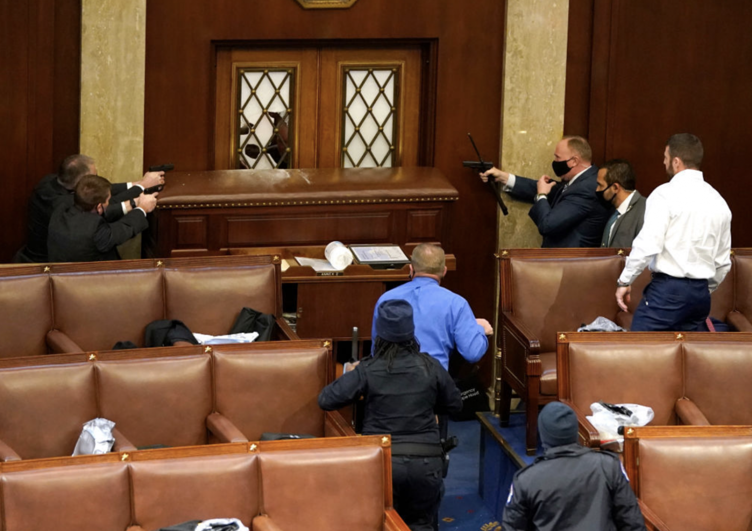 The U.S. House chamber set for a joint session with senators seated among representatives during the January 2021 electoral vote count, wide-angle news photo