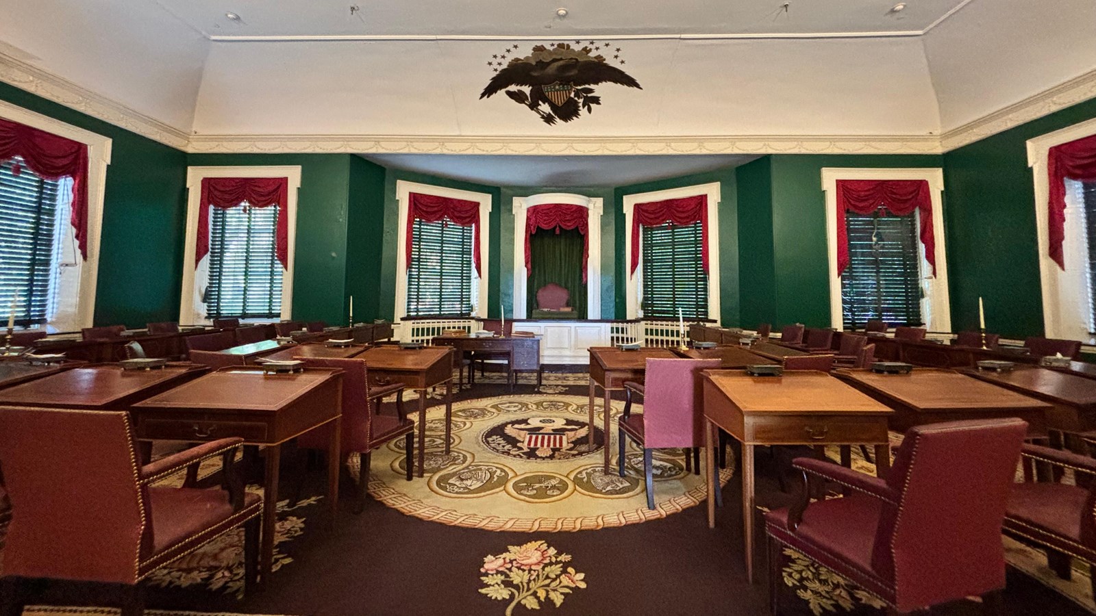 The U.S. Senate chamber, with senators’ desks and the dais visible