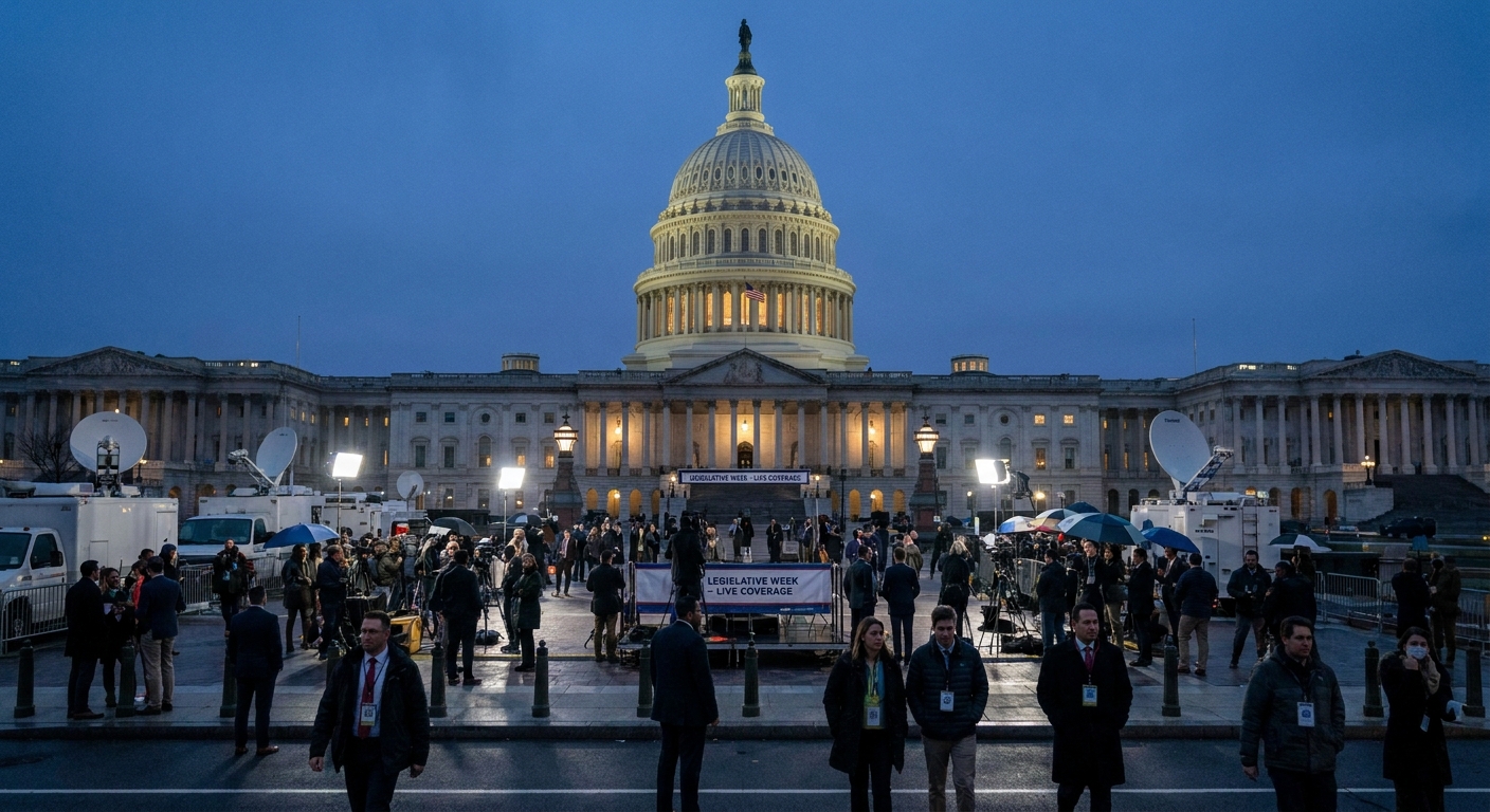 The United States Capitol at dusk in Washington, DC, with reporters and staffers gathered outside during a high-profile legislative week, news photography style