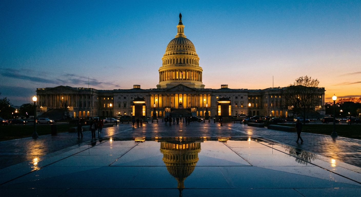 The United States Capitol building at dusk with the dome lit