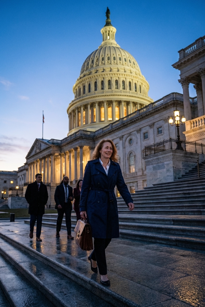 The United States Capitol building at dusk with the dome lit and a few people walking on the steps, photographed from a low angle in a realistic news photography style
