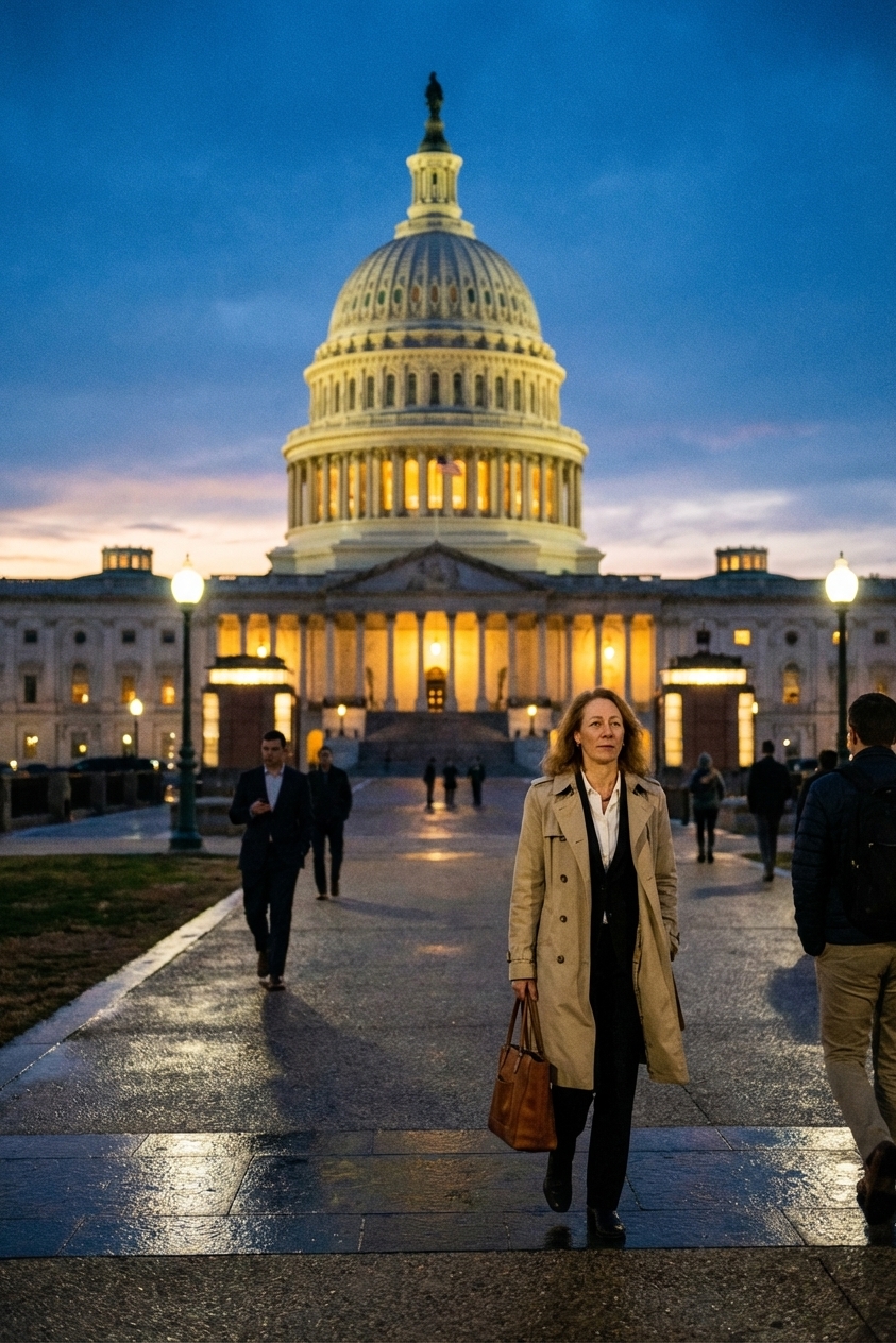 The United States Capitol building at dusk with warm lights glowing and a few pedestrians in the foreground, news photography style