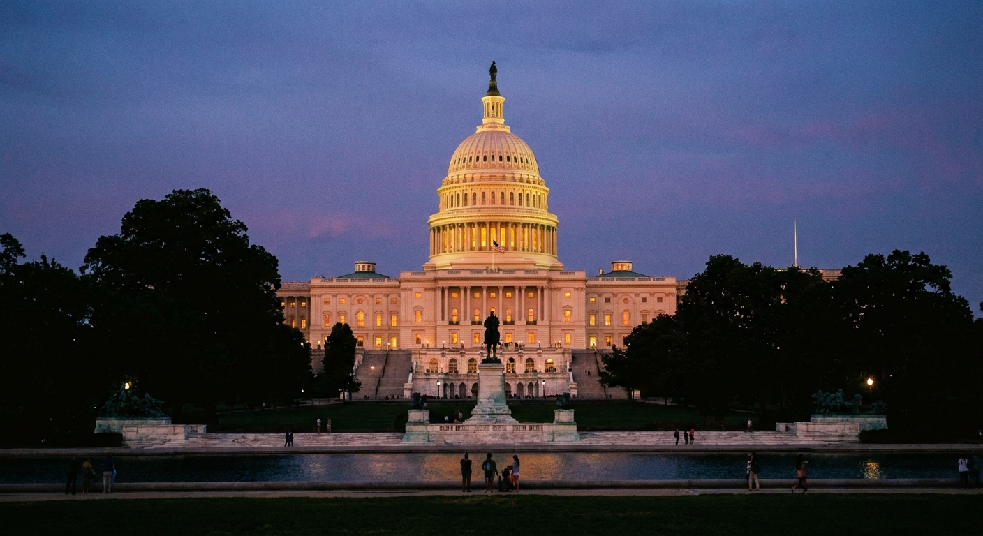 The United States Capitol building at dusk with warm lights glowing, photographed from a distance with a clear view of the dome, news photography style
