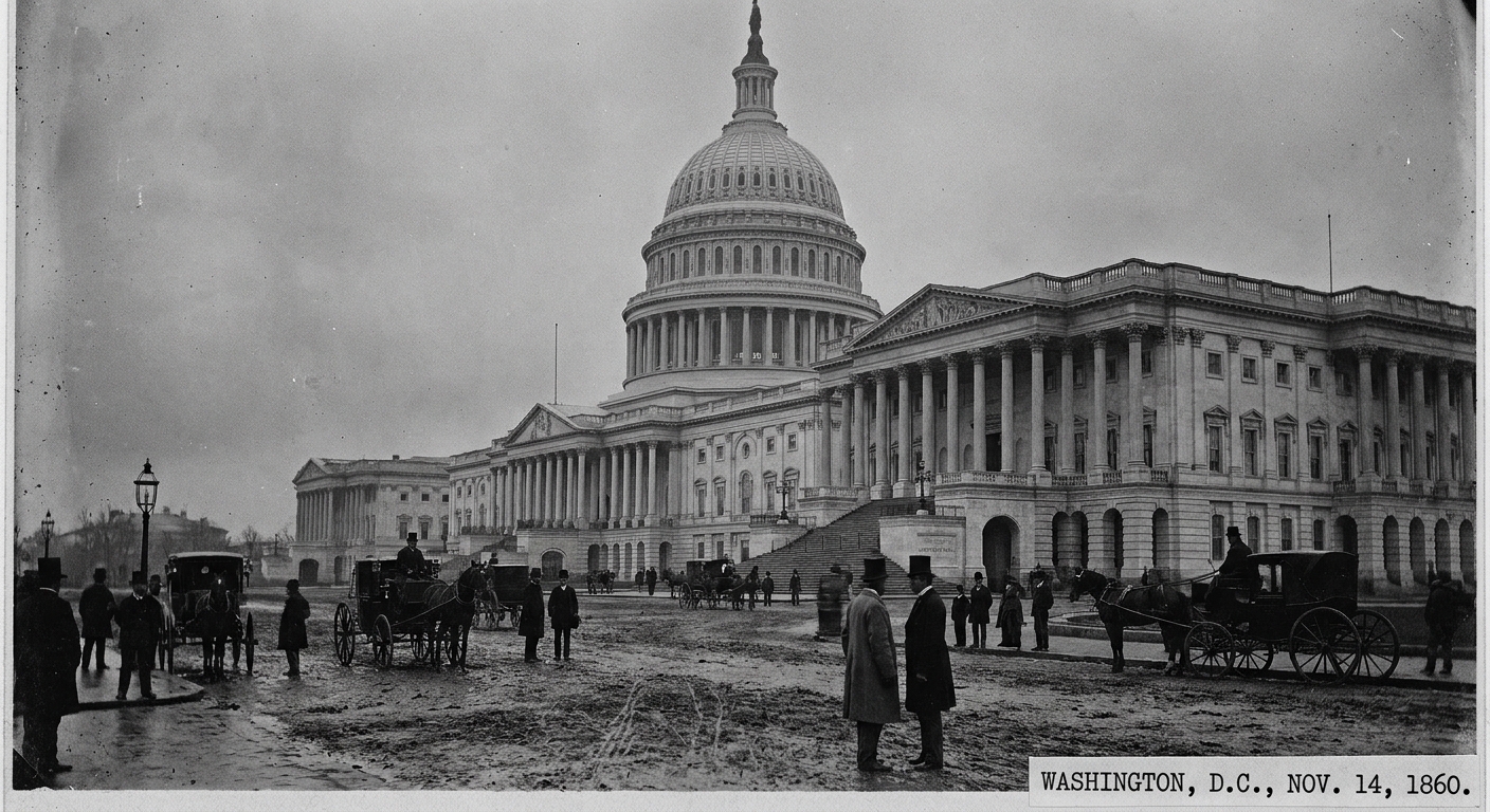 The United States Capitol building in Washington, DC, representing the era when the Supreme Court met in the Capitol, photographed on an overcast day with pedestrians walking past, news photography style
