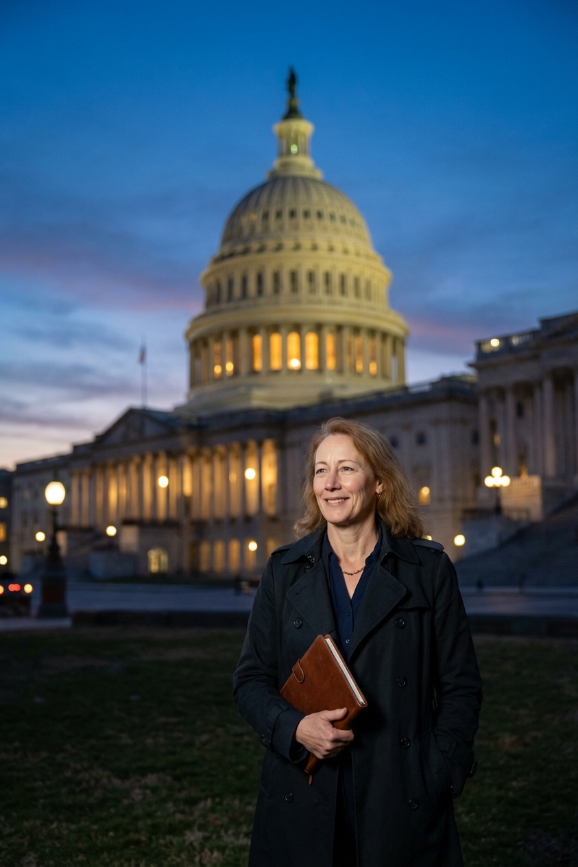 The United States Capitol building photographed at dusk from the west front with lights on, news photography style
