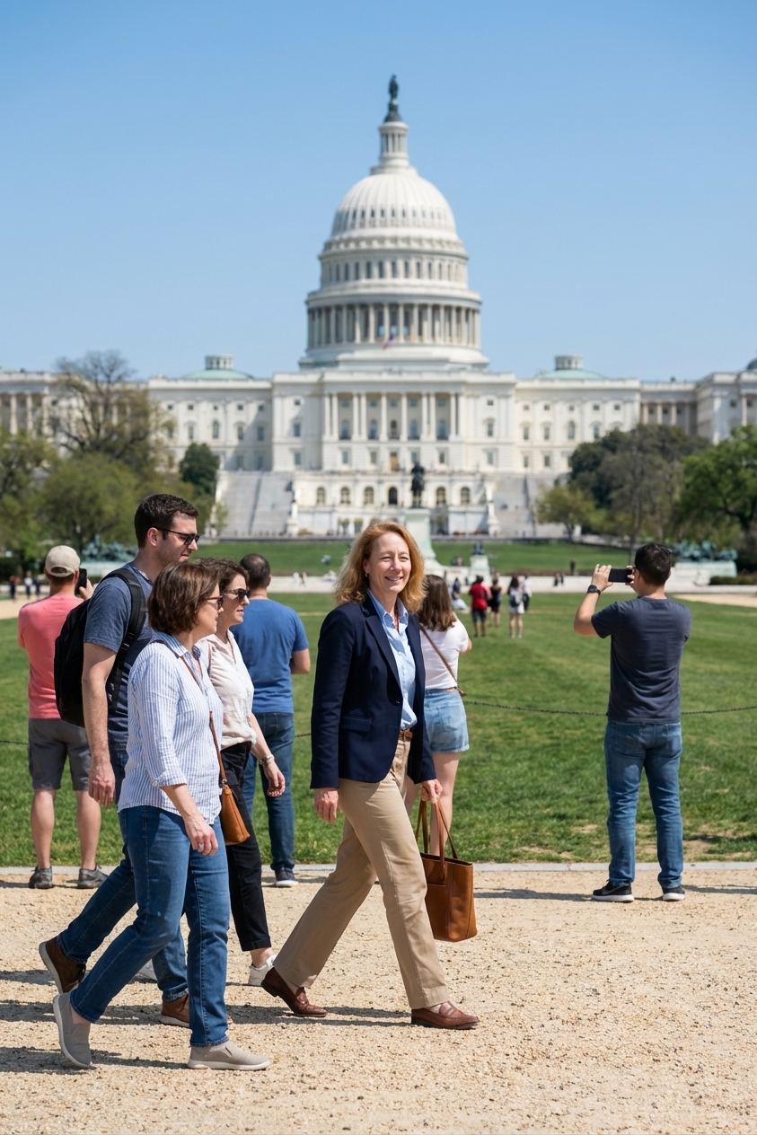 The United States Capitol building photographed from the National Mall on a clear day, with people walking in the foreground, realistic news photo