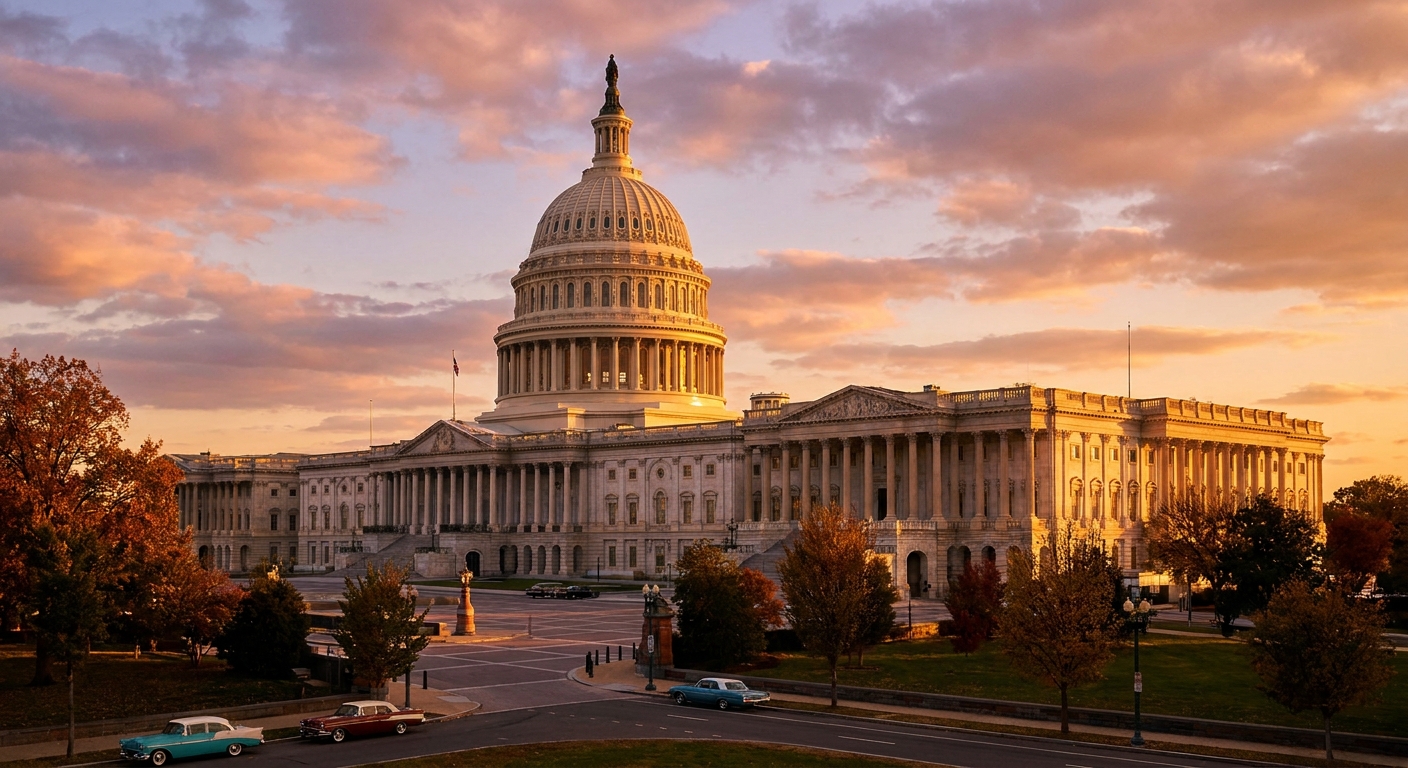 The United States Capitol building viewed from the Senate side in late afternoon light