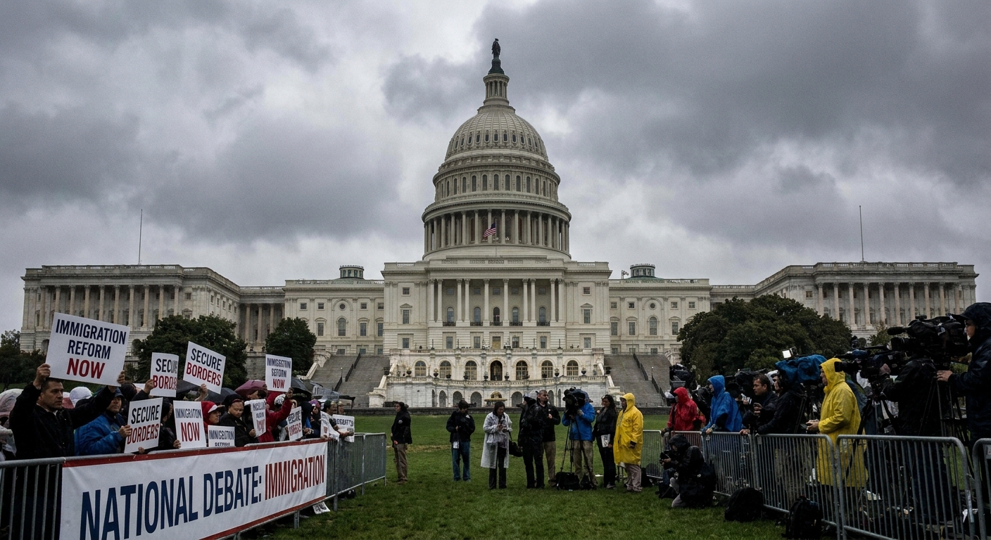 The United States Capitol in Washington, DC on an overcast day during a period of national immigration debate, news photography style