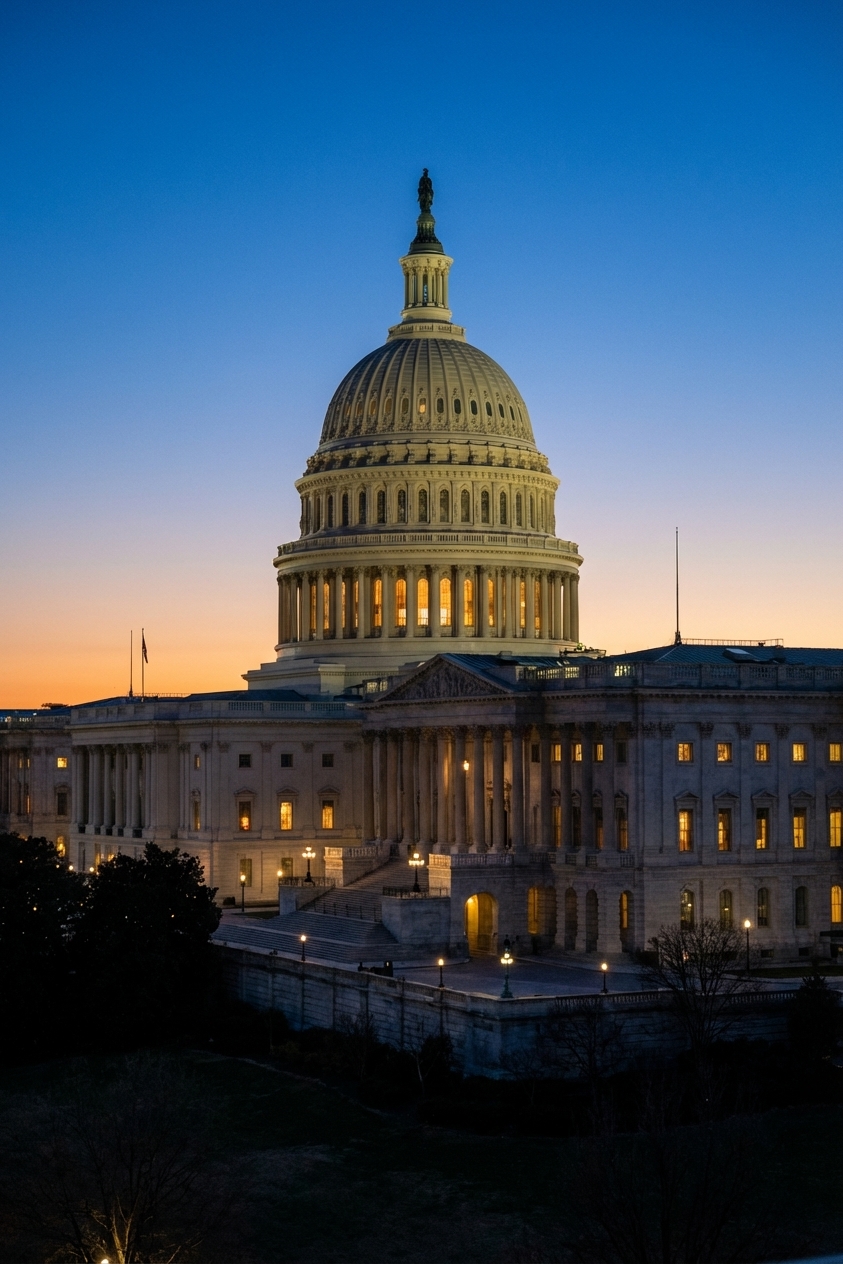 The United States Capitol in Washington, D.C., photographed at dusk with a few lit office windows, news photography style