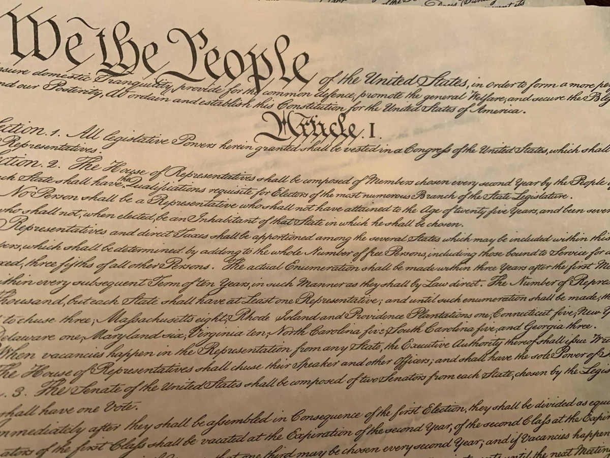 The United States Constitution document on display.