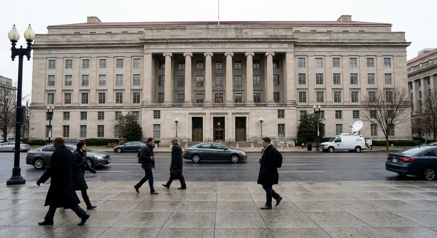 The United States Department of Justice headquarters building in Washington, DC, photographed from street level in daylight, news photography style