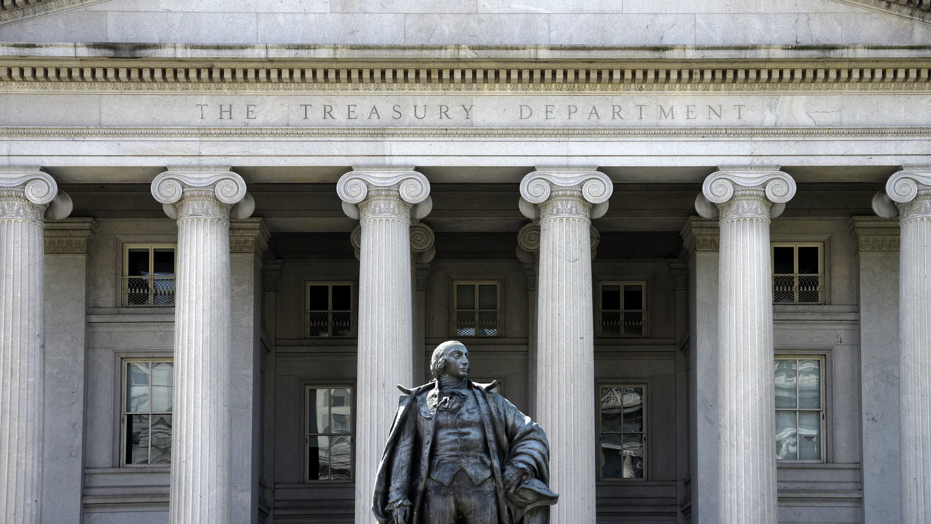 The United States Department of the Treasury building in Washington, D.C., photographed from the street with the facade and columns visible