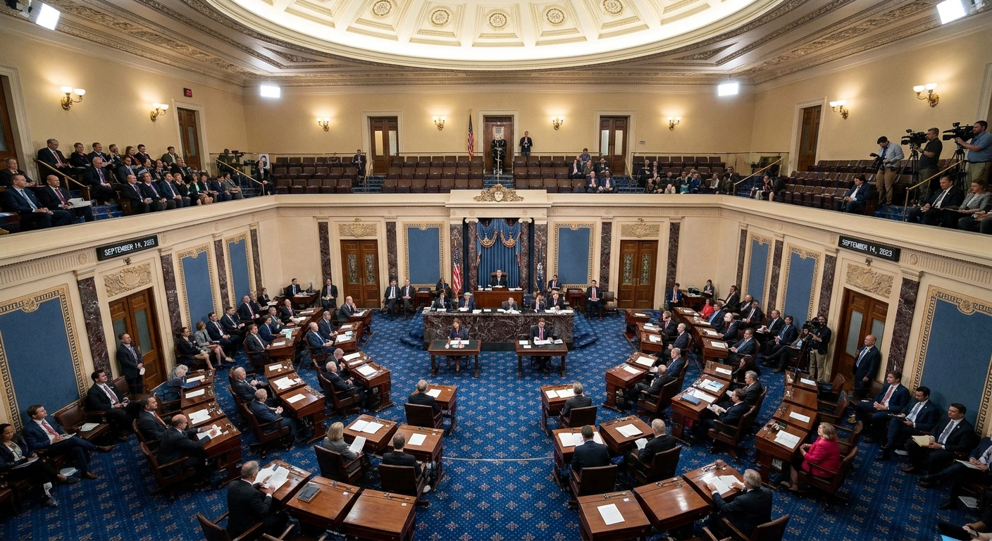 The United States Senate chamber during a floor session in Washington, DC, with senators seated at their desks under the chamber’s blue carpet, news photography style
