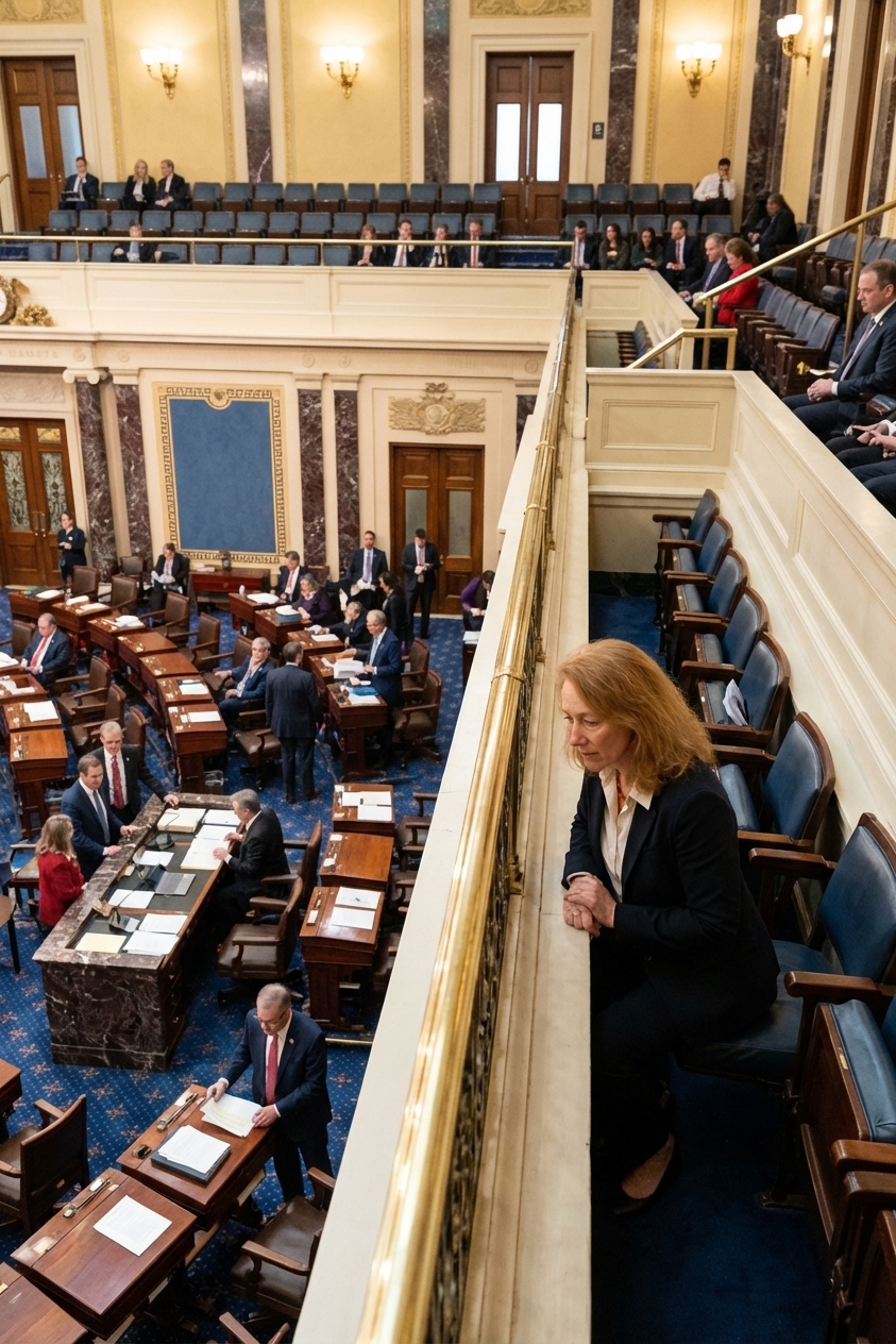 The United States Senate chamber during a session, viewed from the visitor gallery with senators and staff visible, news photography style