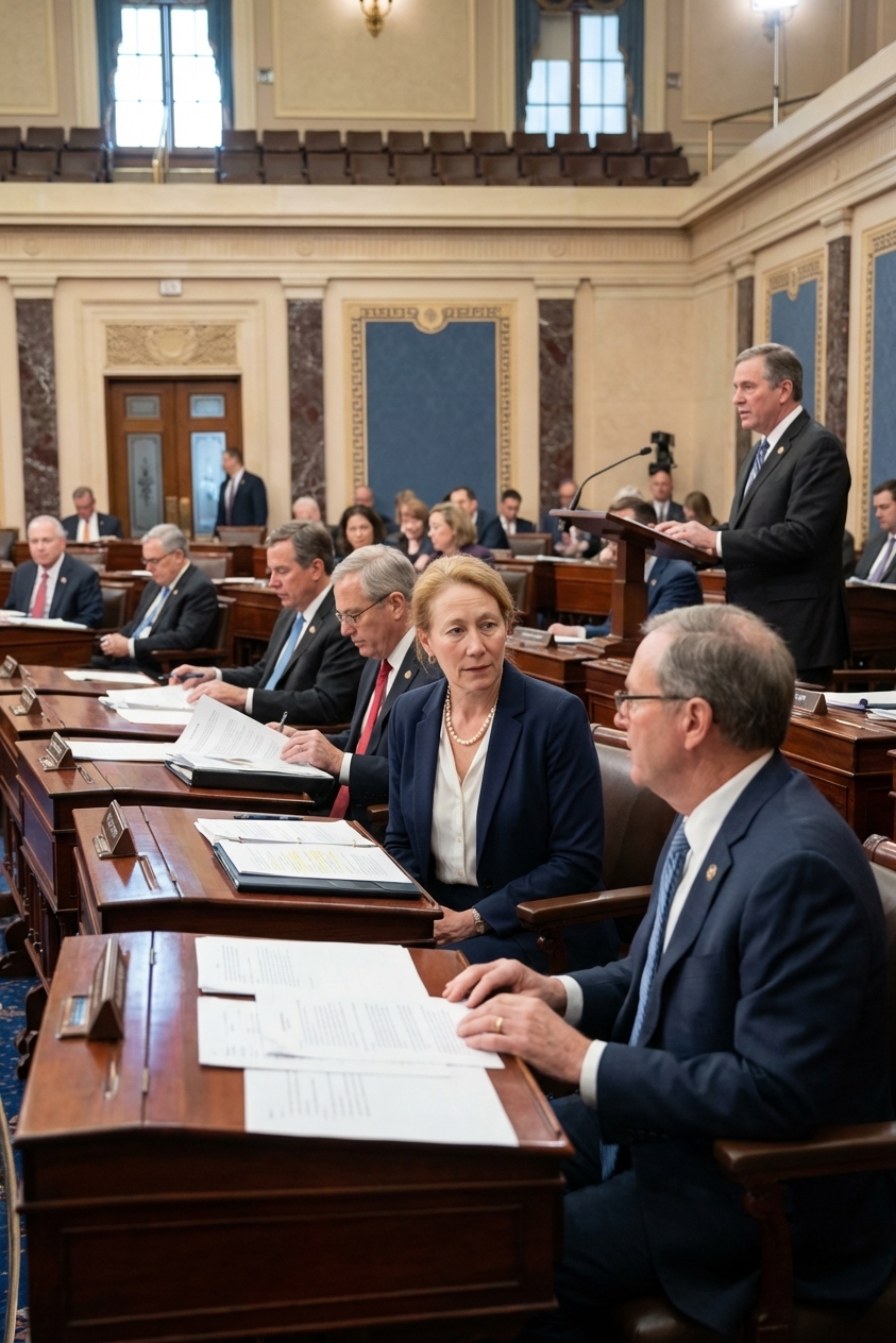 The United States Senate chamber during an active session, senators seated at their desks while debate proceeds, news photography style