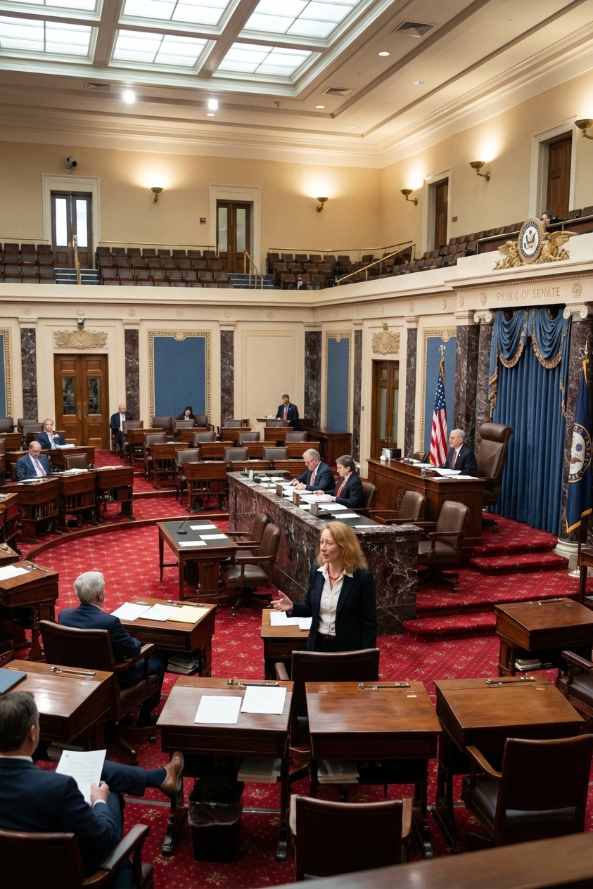 The United States Senate chamber with senators' desks and the presiding officer's dais visible, photographed from an upper gallery in realistic news photography