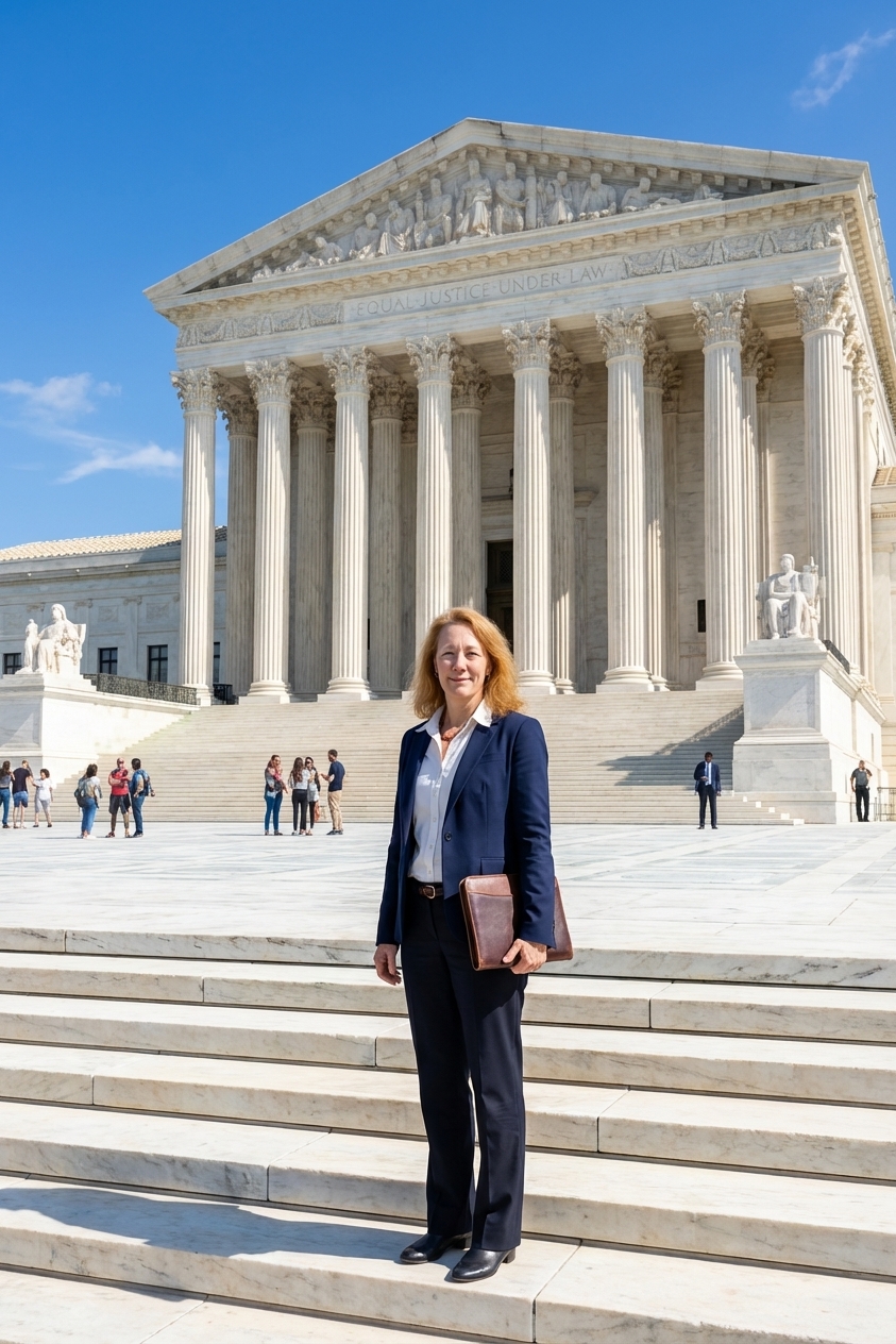 The United States Supreme Court building in Washington, D.C. photographed from the front steps on a clear day, realistic architectural photography