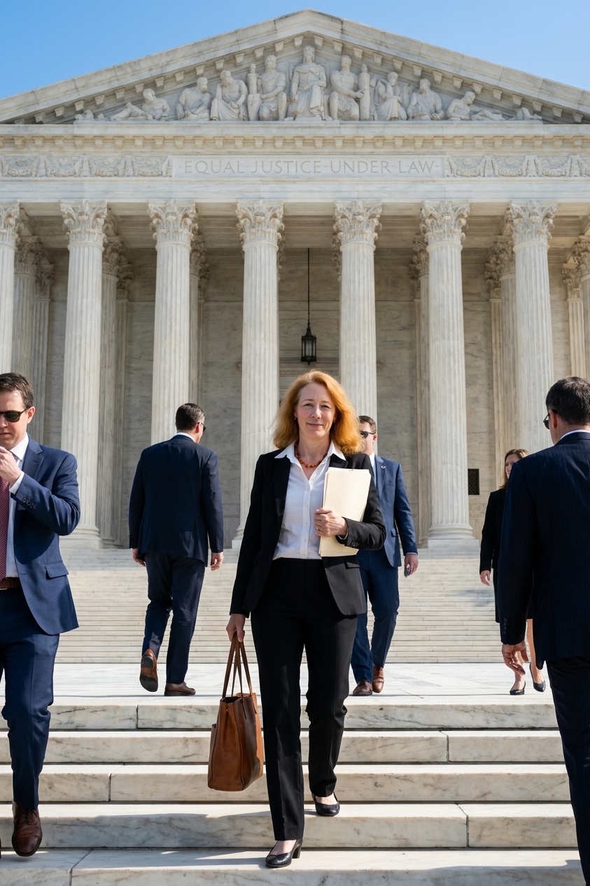 The United States Supreme Court building in Washington, D.C., photographed on a clear day with people walking on the steps in the foreground, news photography style