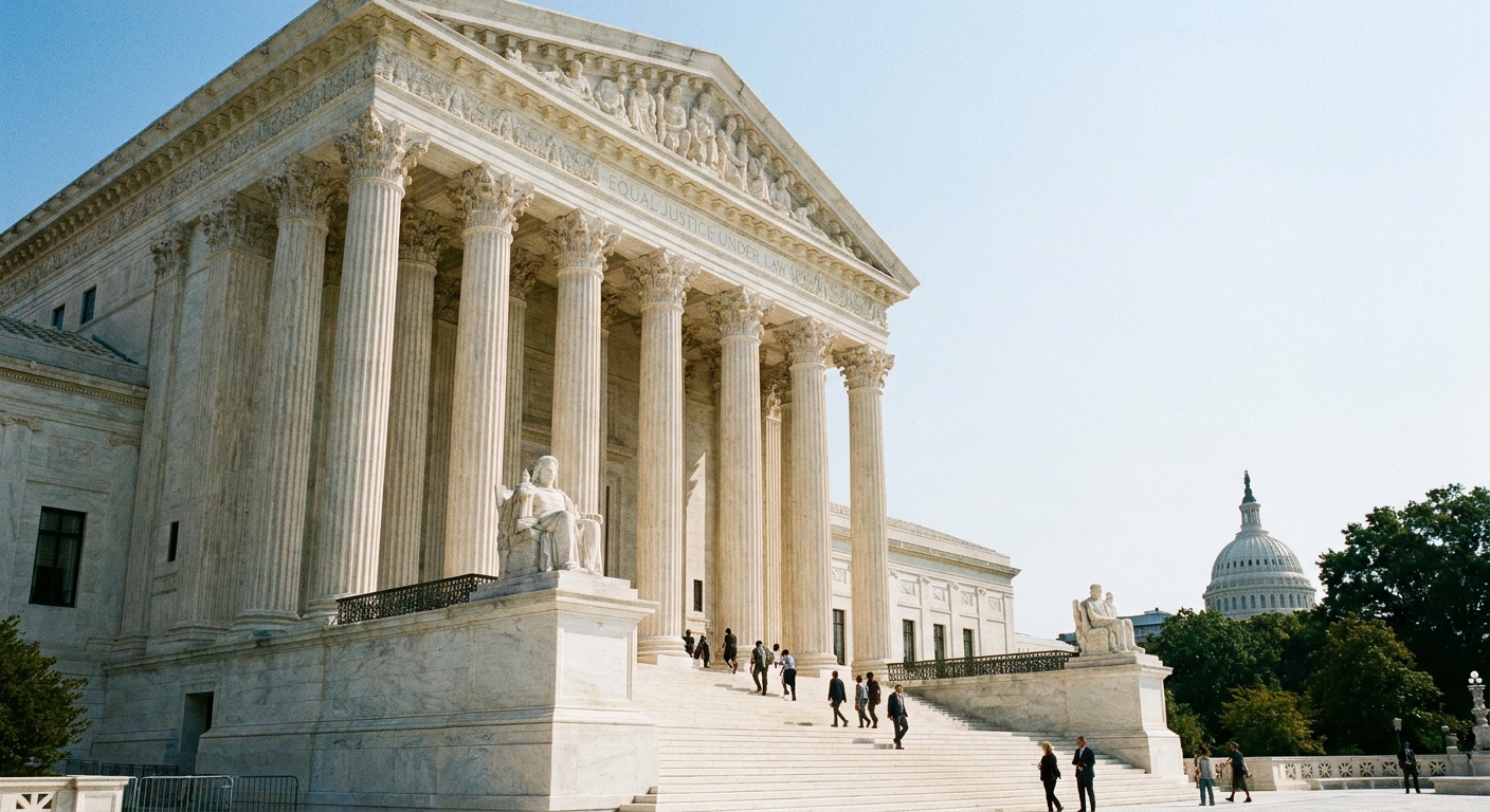 The United States Supreme Court building in Washington, D.C., photographed from the front steps on a clear day, with columns and the broad marble facade in view