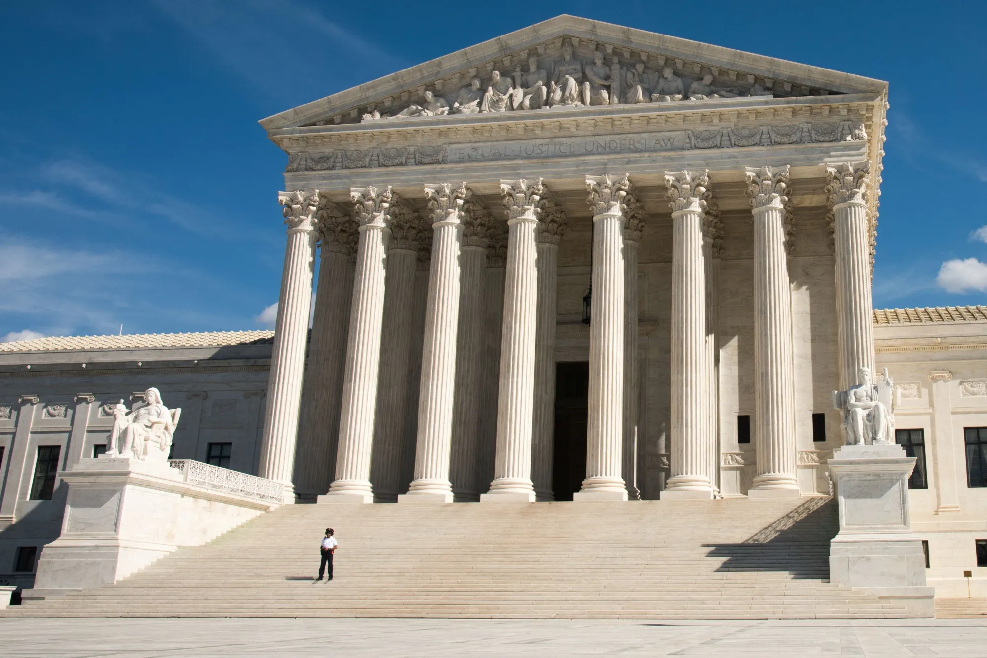The United States Supreme Court building in Washington, D.C., with its marble columns and front steps