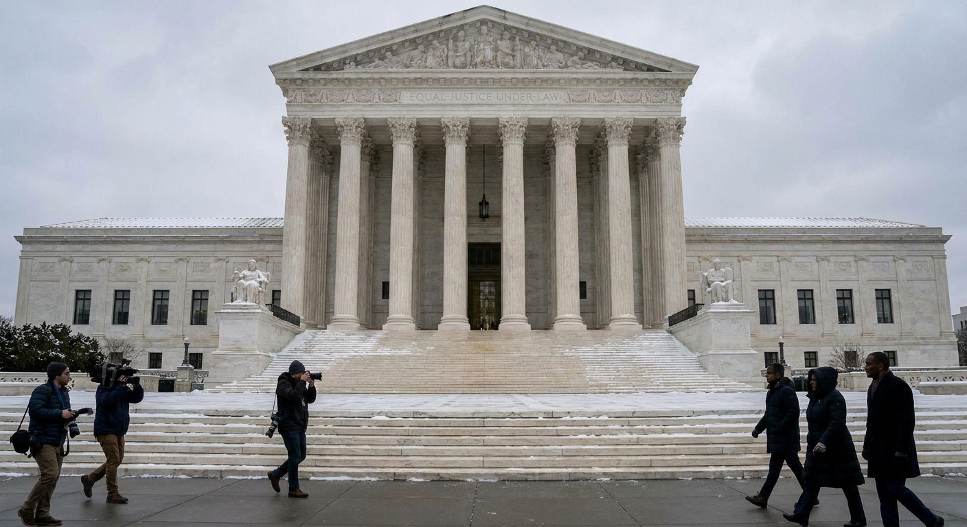 The United States Supreme Court building photographed from the front on a winter day, with steps and columns visible, news photography style