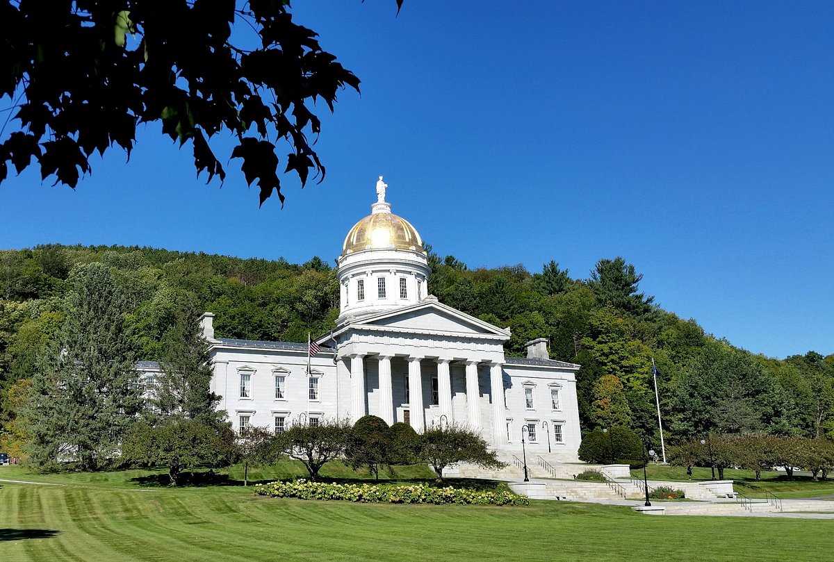 The Vermont Statehouse in Montpelier on an overcast day, with the golden dome visible above the trees and a few pedestrians on the lawn, realistic news photography
