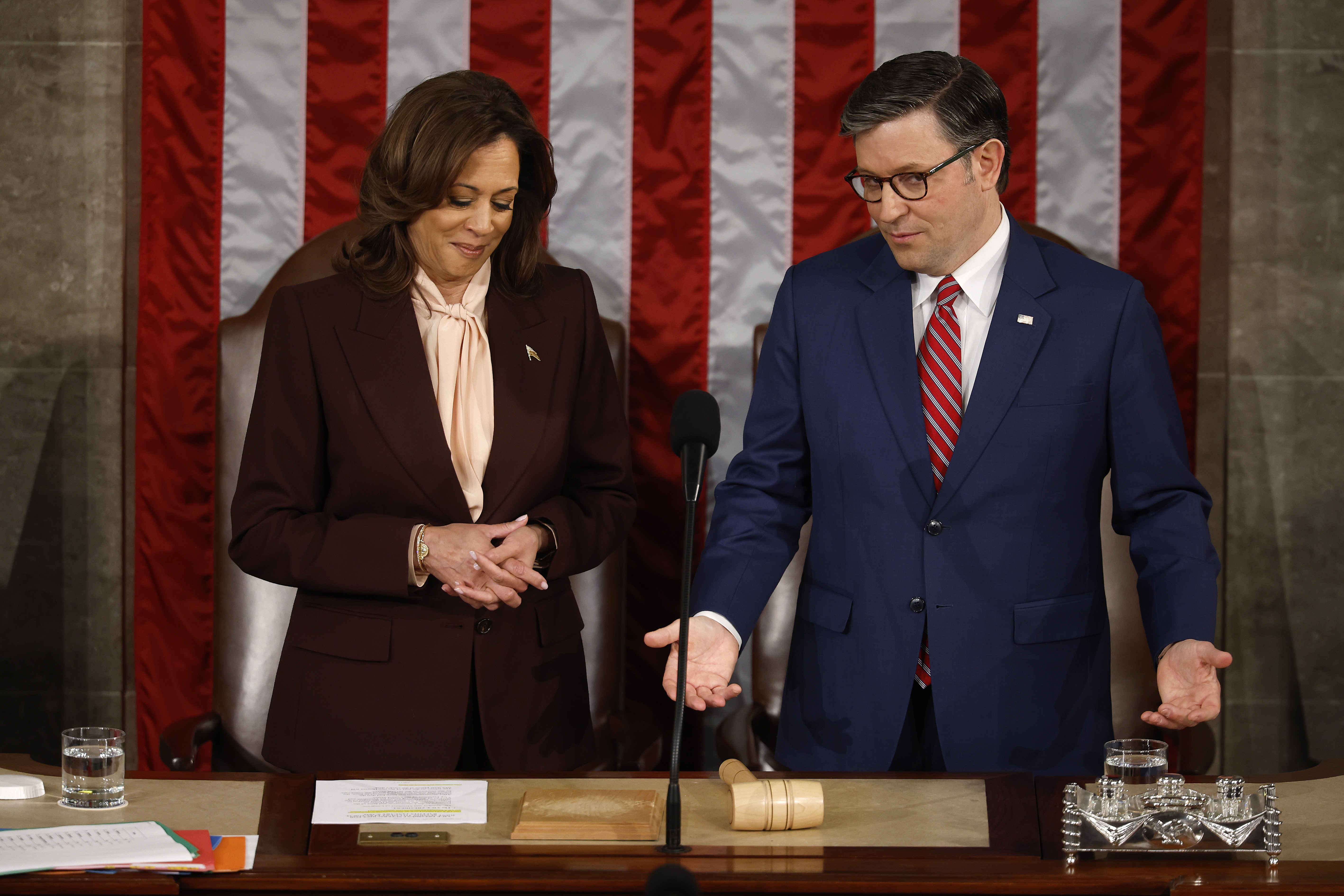 The Vice President seated at the rostrum in the U.S. House chamber while presiding over the January 2021 joint session to count electoral votes, news photo