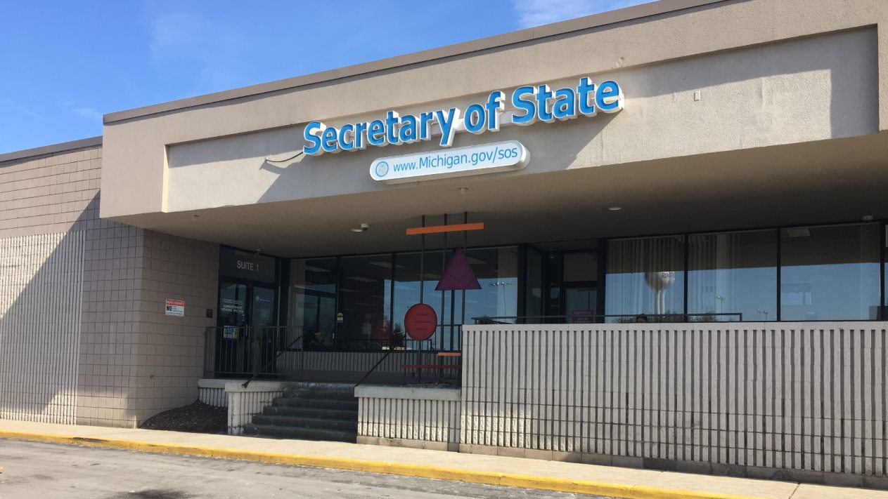 The Wayne County Clerk's office building signage in Detroit, Michigan, photographed in daylight