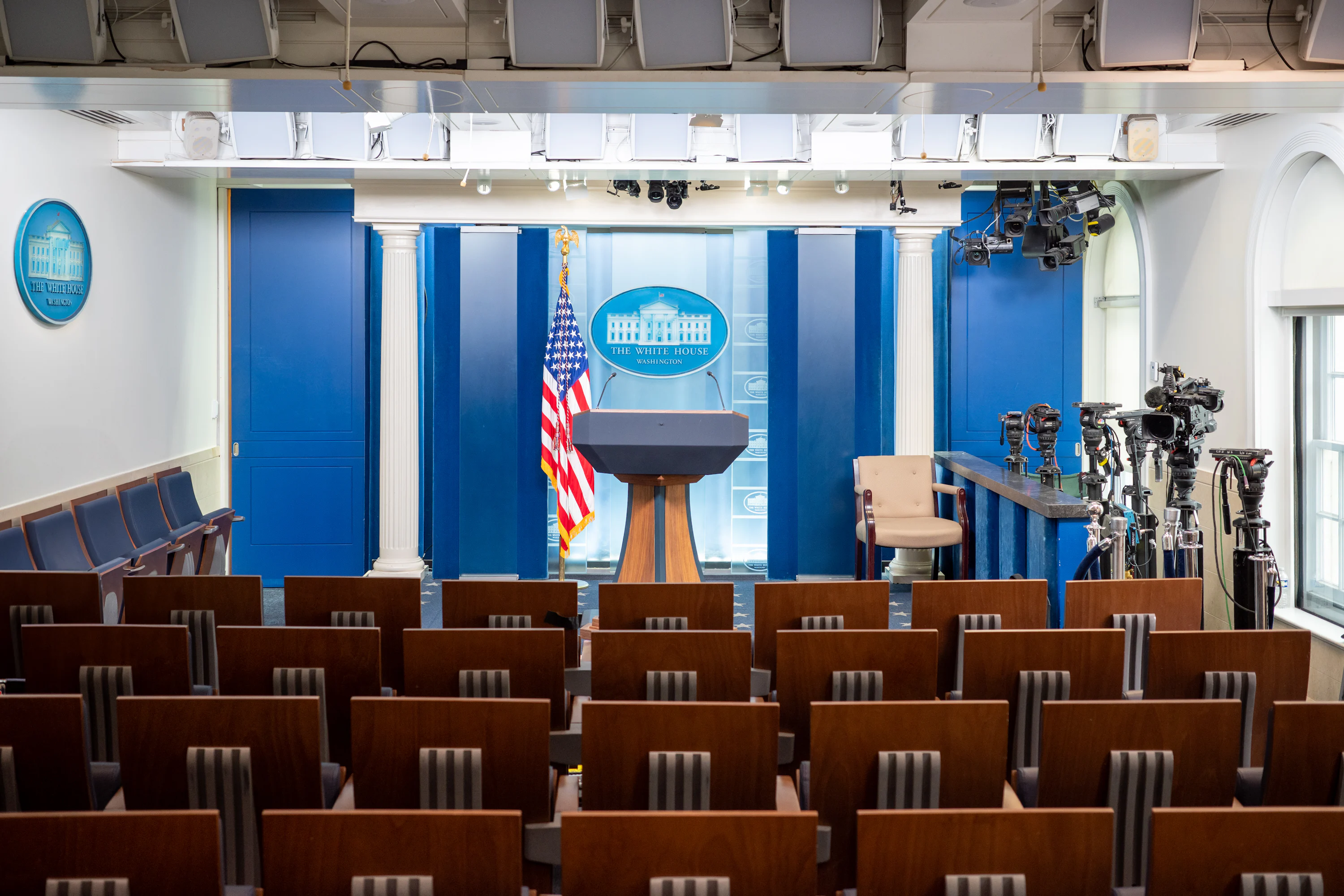 The White House Brady Briefing Room, with press seats facing the podium