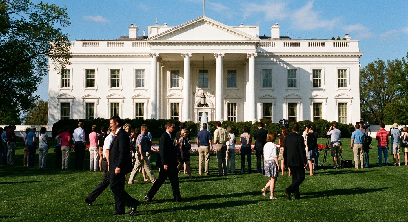 The White House viewed from the North Lawn on a bright afternoon with light foot traffic in the foreground, news photography style