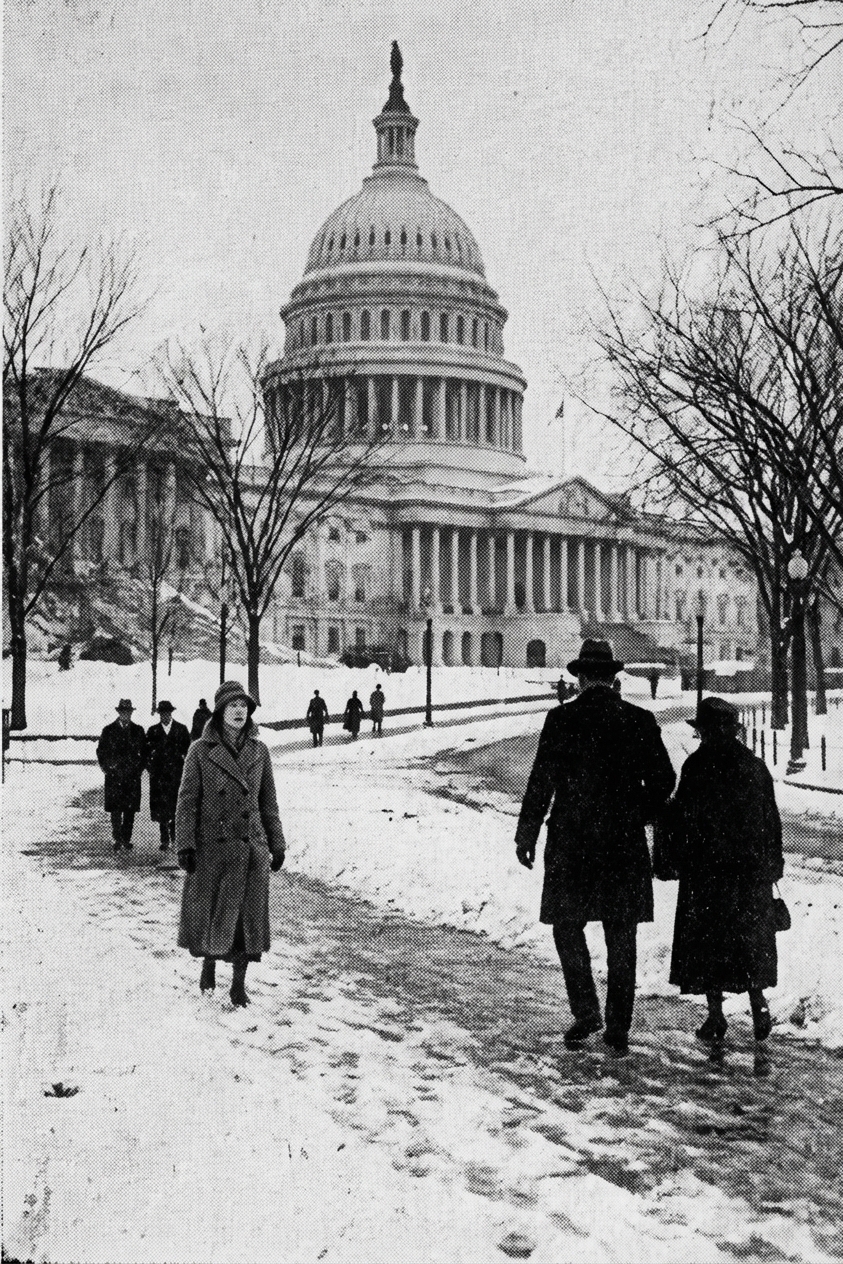 The early United States Capitol in Washington City in winter with a few pedestrians on the grounds, historic news photography style