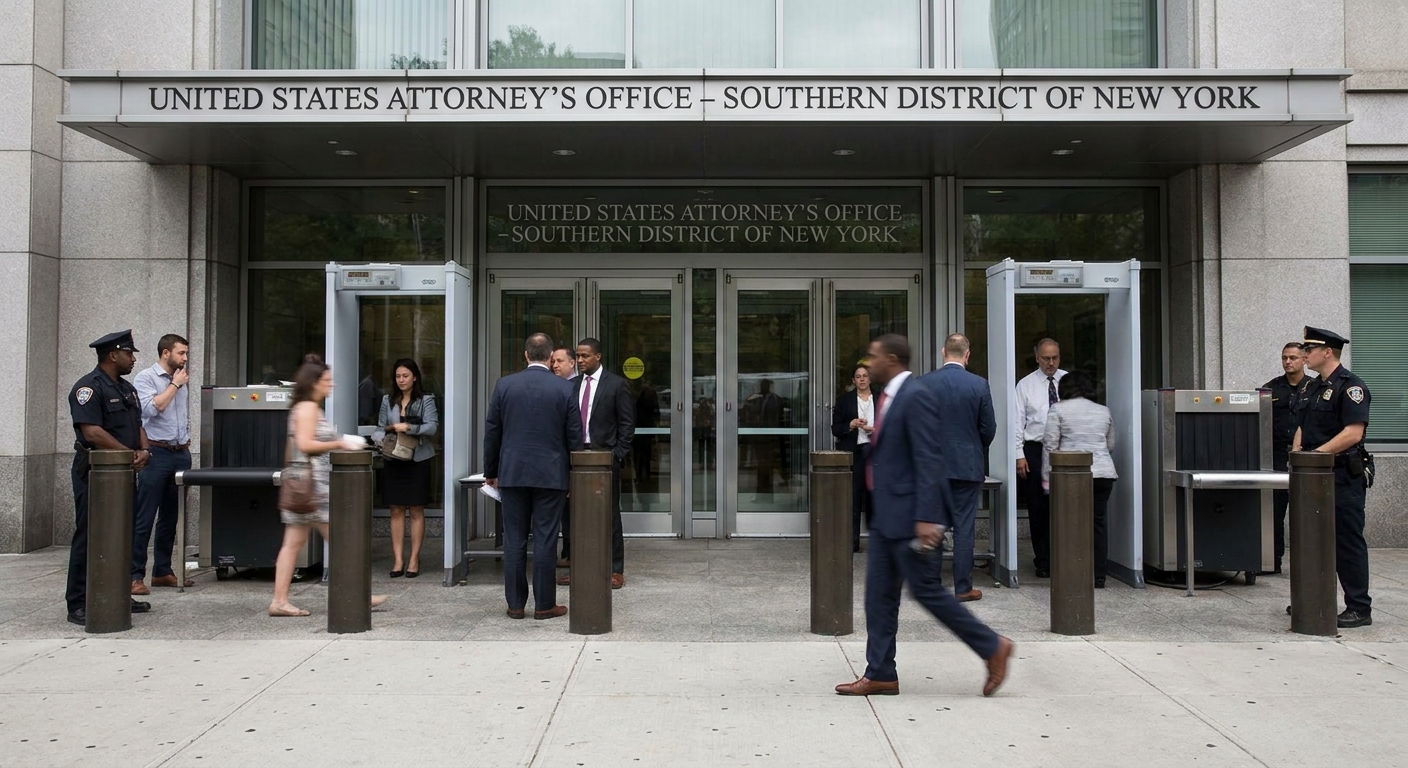 The entrance of a United States Attorney's Office building with people walking through security, realistic documentary photo