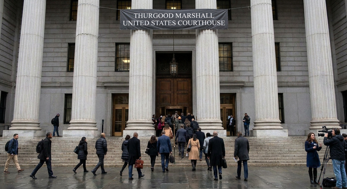 The entrance of a federal courthouse in Manhattan with stone columns and people walking up the steps, daytime news photography style