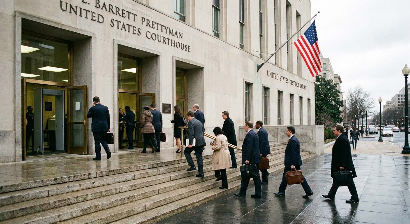 The entrance of a federal district courthouse in Washington, DC with people walking up the steps and security screening visible inside, realistic street photography