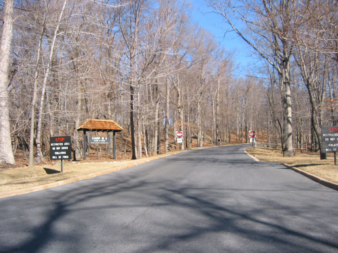 The entrance signage and security area near Camp David in Maryland, photographed from a public roadway