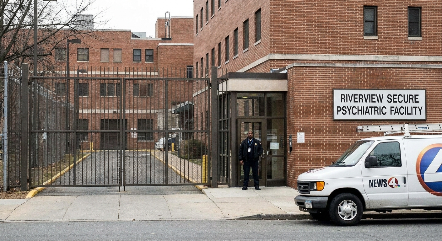 The exterior entrance of a secure psychiatric hospital with a gated driveway and a staff member near the doorway, daytime news photography style