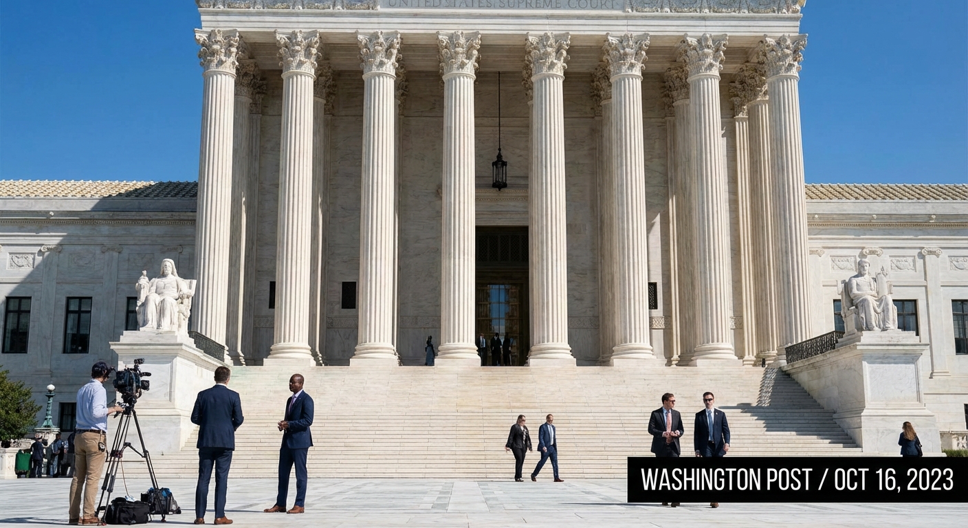 The exterior marble columns of the United States Supreme Court building in Washington, DC on a clear day, news photography style