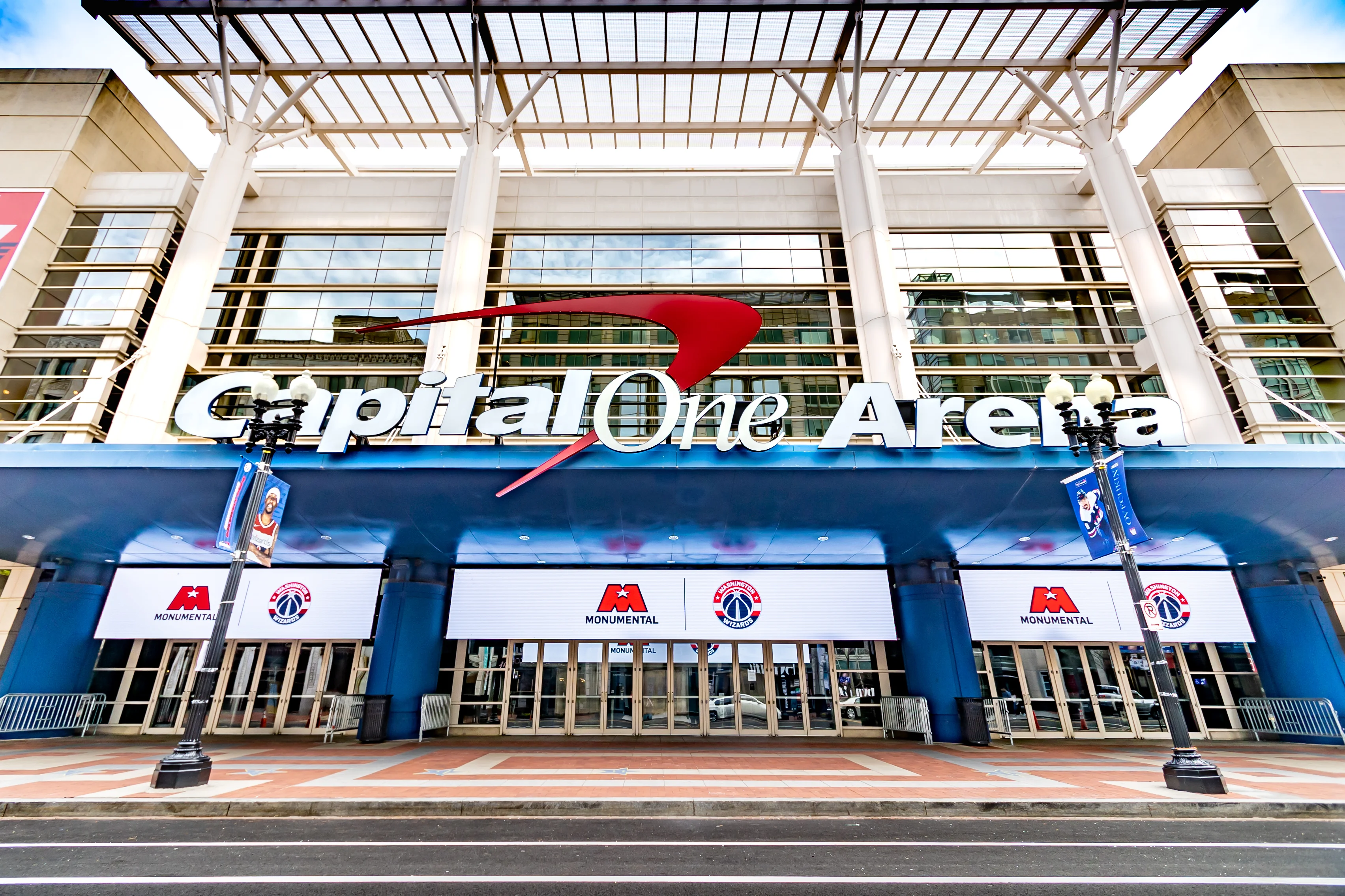 The exterior of Capital One Arena in Washington, D.C., photographed from street level