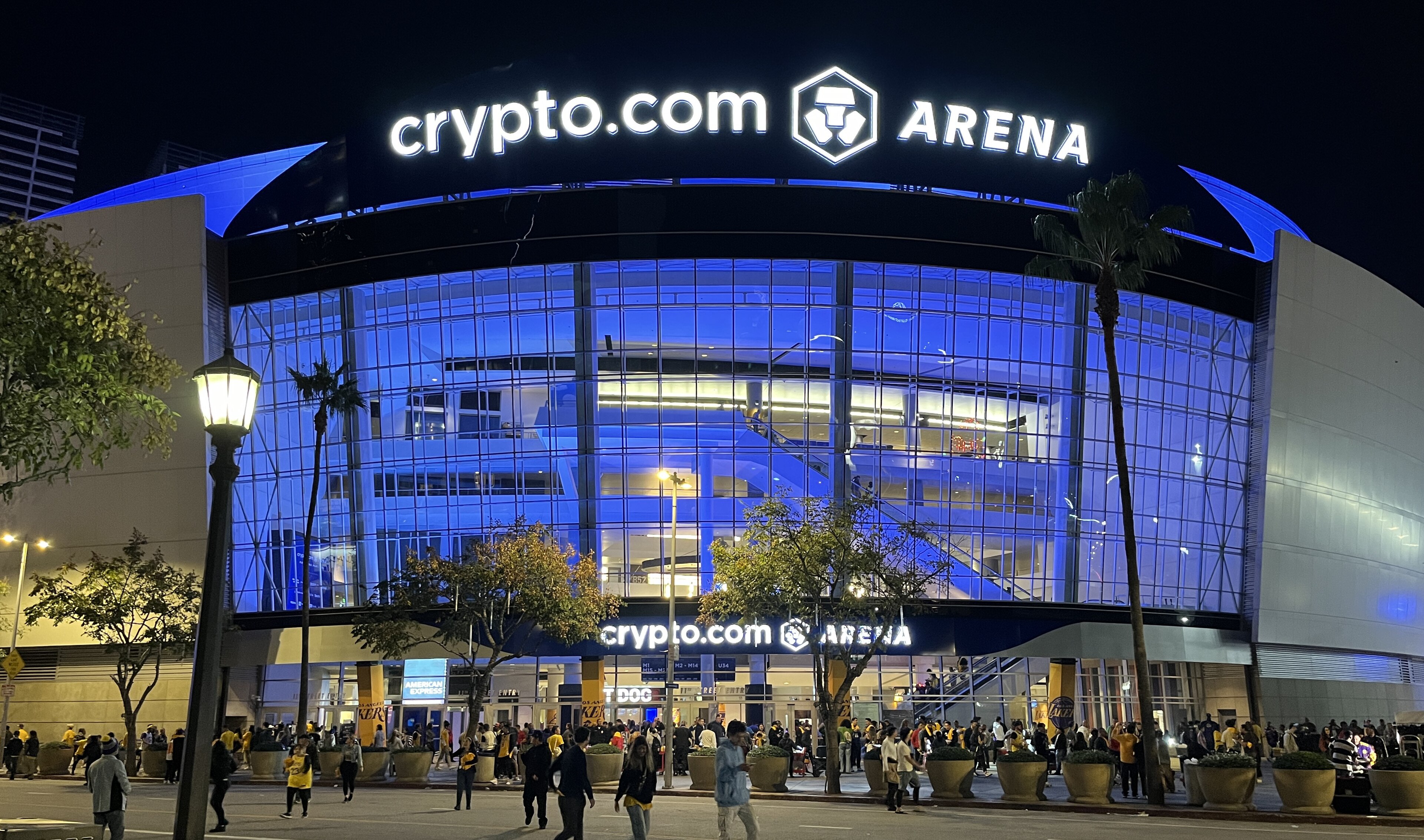 The exterior of Crypto.com Arena in Los Angeles, with the venue name signage visible