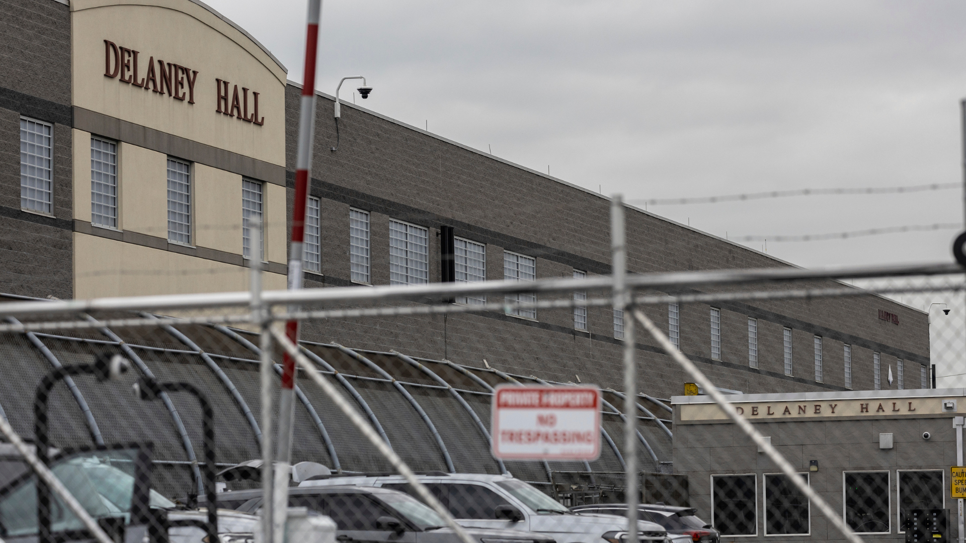 The exterior of Delaney Hall detention facility in Newark, New Jersey, viewed from the street in daylight