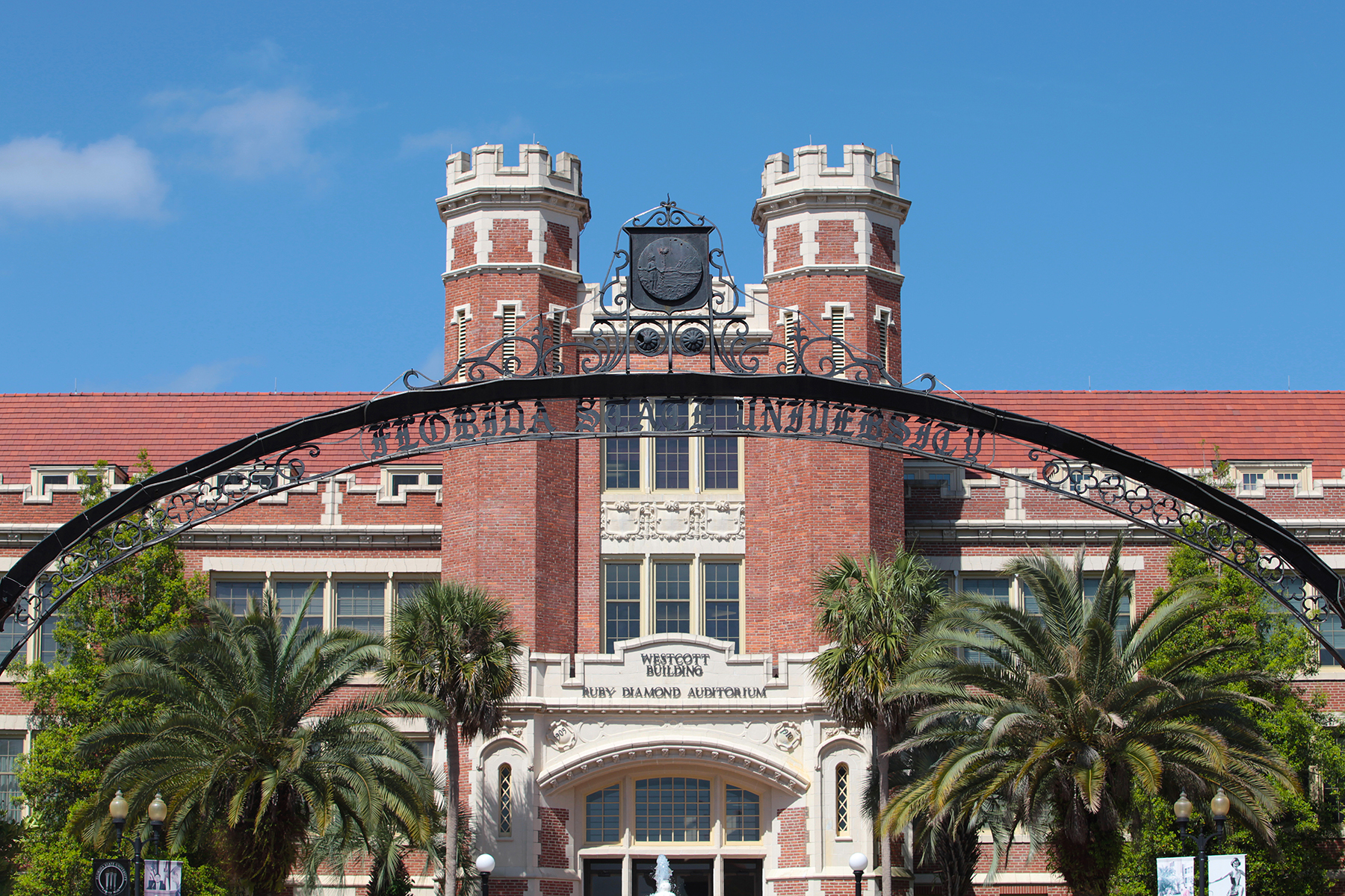 The exterior of Florida State University’s Westcott Building in Tallahassee, Florida, photographed in daylight with students walking nearby