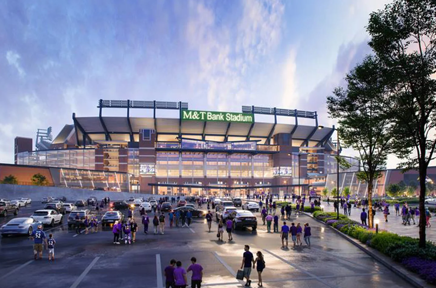The exterior of M&T Bank Stadium in Baltimore on a clear day, with pedestrians and street traffic nearby, photographed in a realistic news style