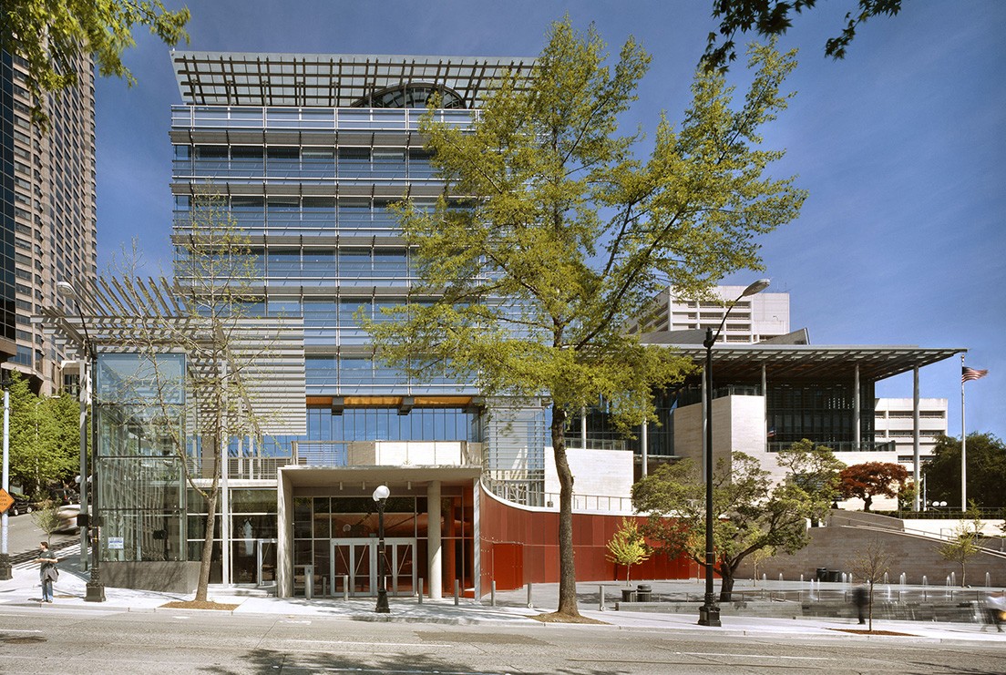 The exterior of Seattle City Hall in downtown Seattle, photographed in daylight