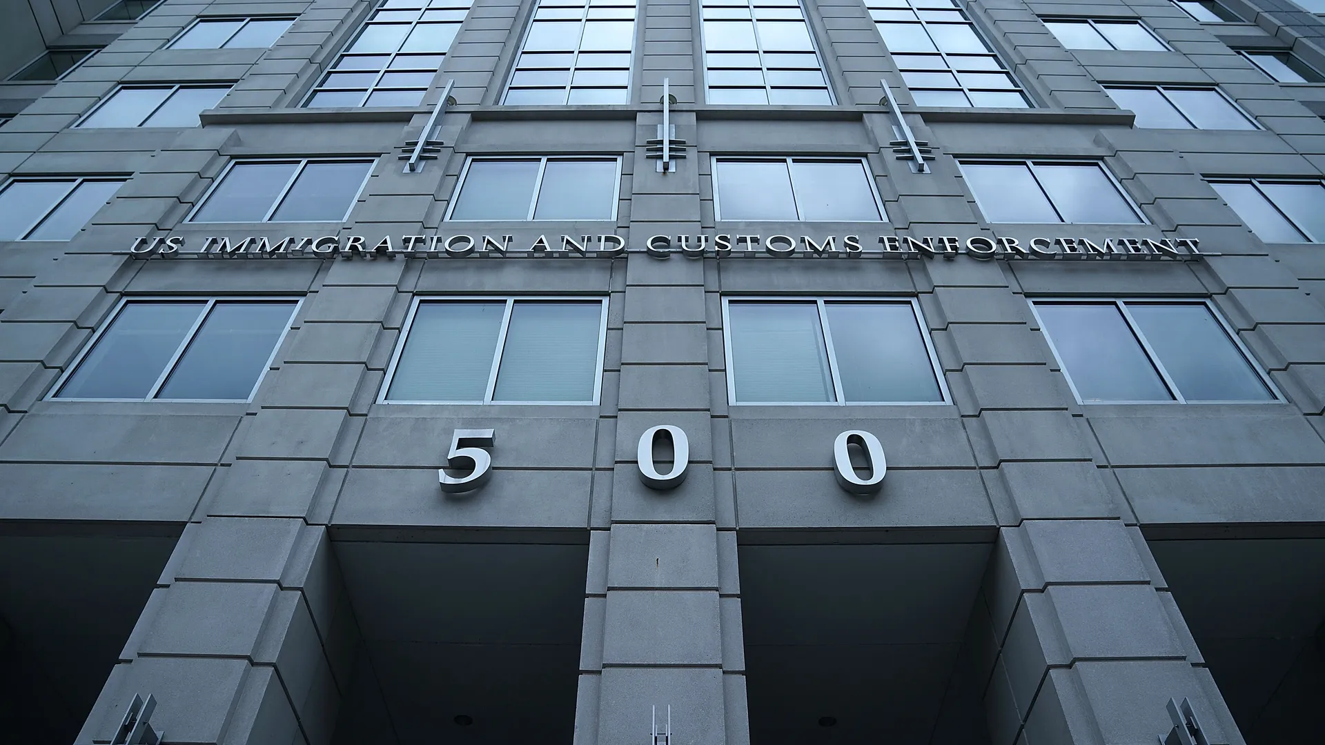 The exterior of U.S. Immigration and Customs Enforcement headquarters in Washington, D.C., photographed from street level