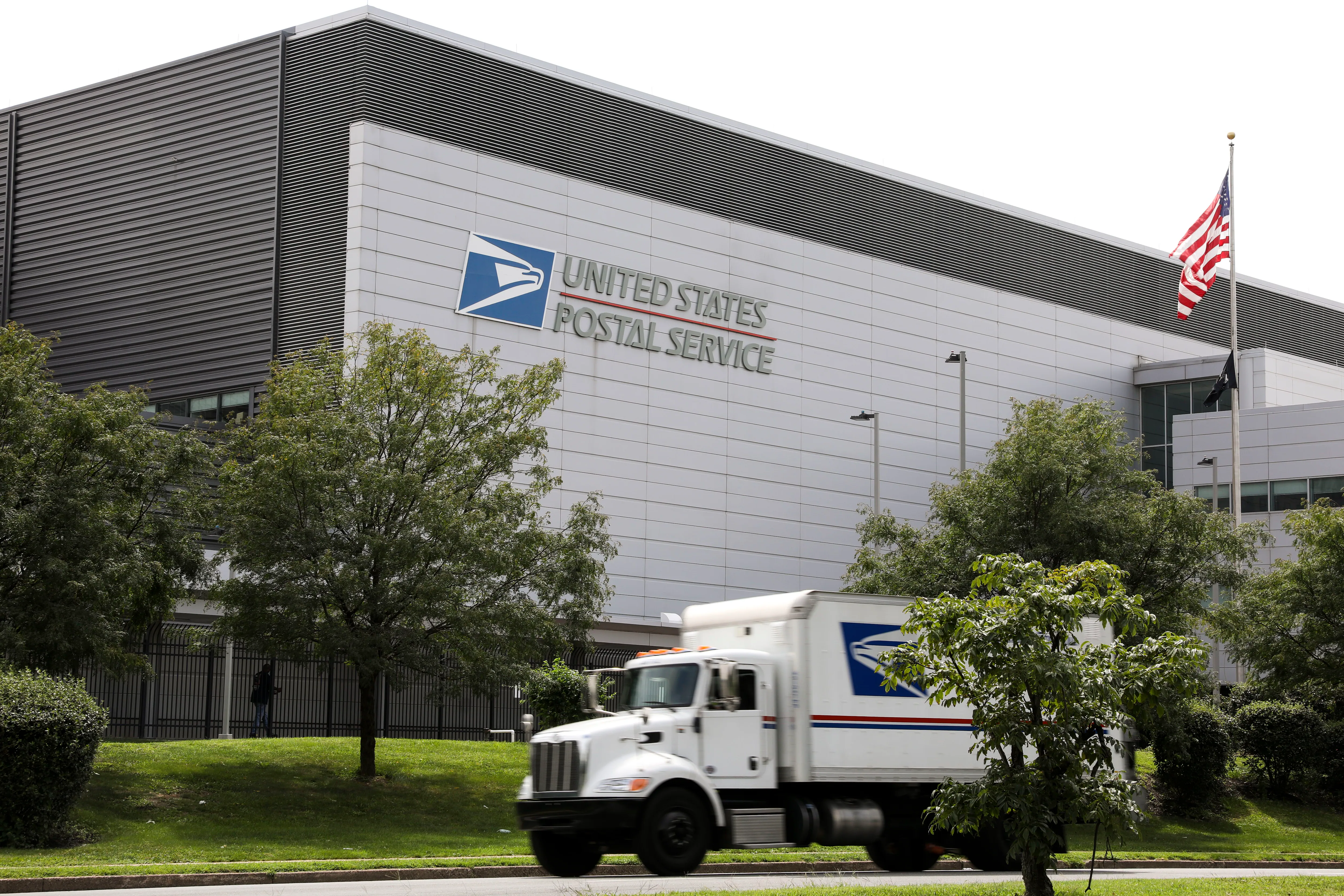 The exterior of U.S. Postal Service headquarters in Washington, D.C., with USPS signage visible