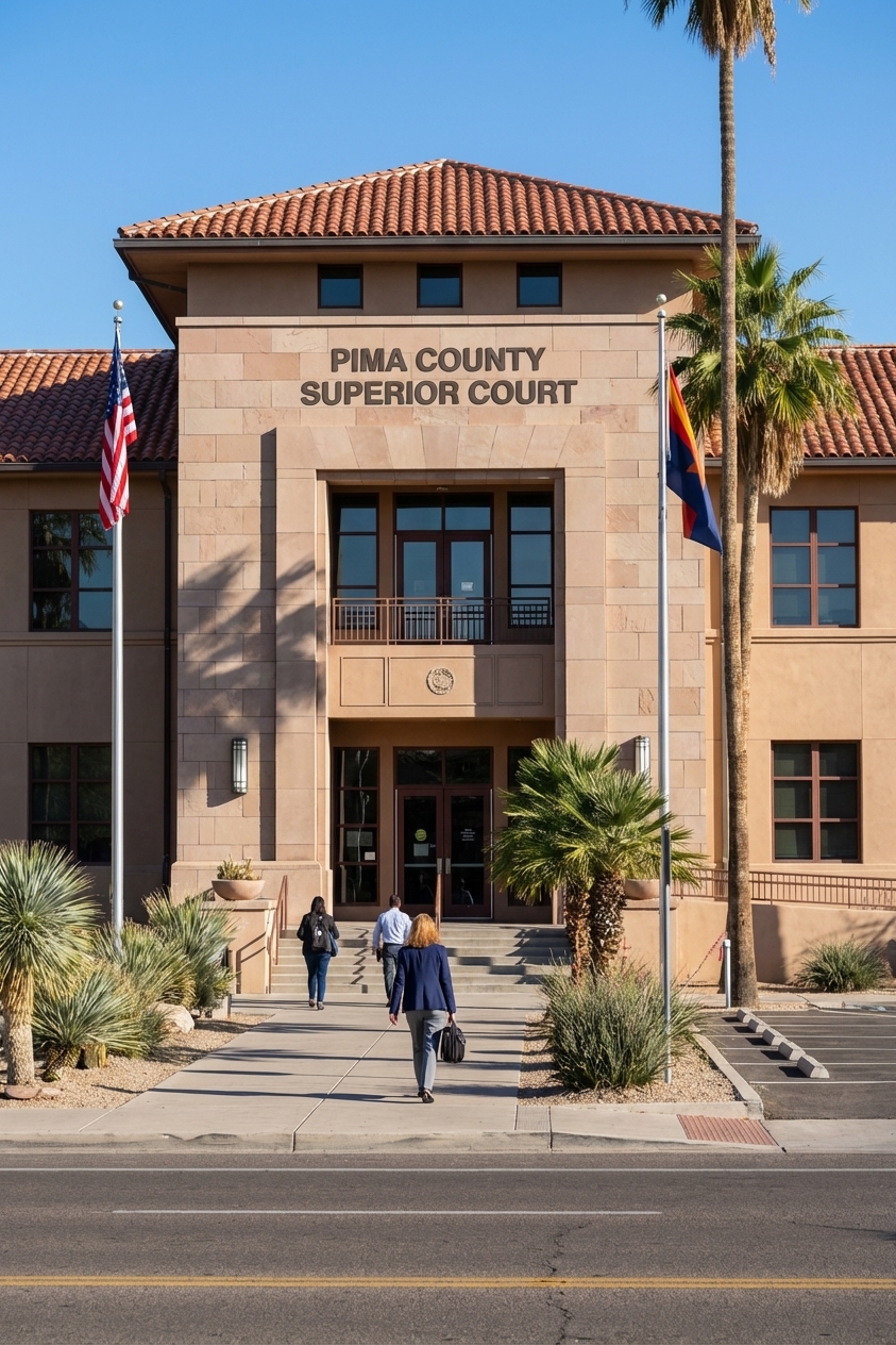 The exterior of a county superior courthouse building in Pima County, Arizona on a clear morning, realistic news photography style