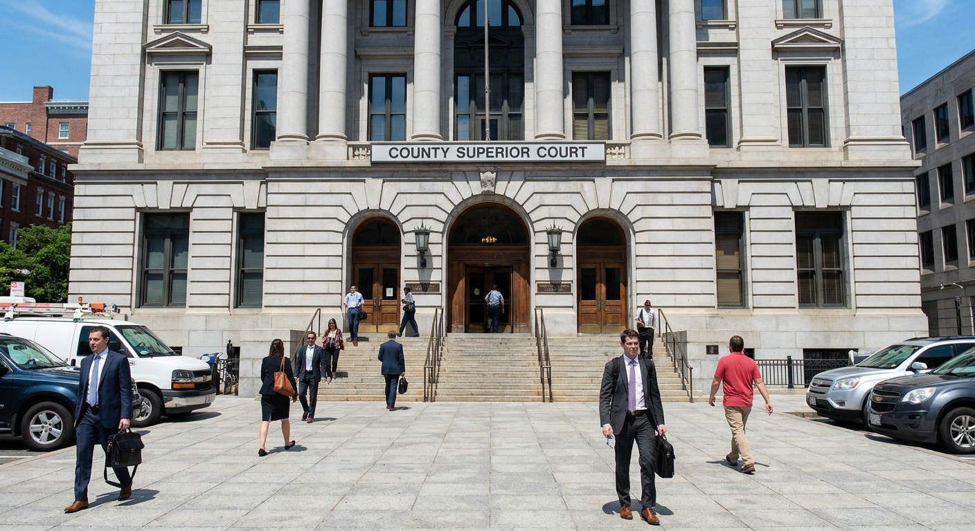 The exterior of a county superior courthouse on a clear daytime, with people walking toward the main entrance, news photography style