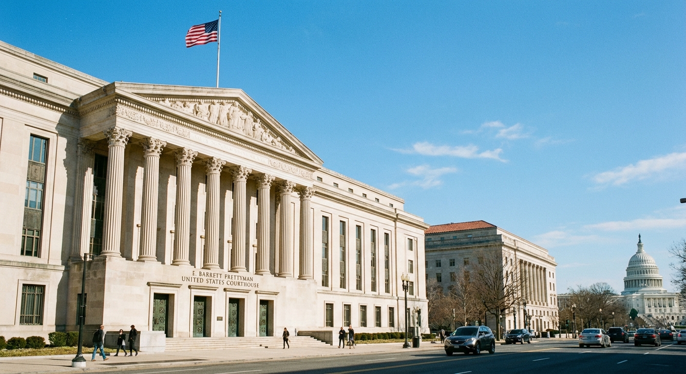 The exterior of a courthouse building in Washington, DC on a clear day