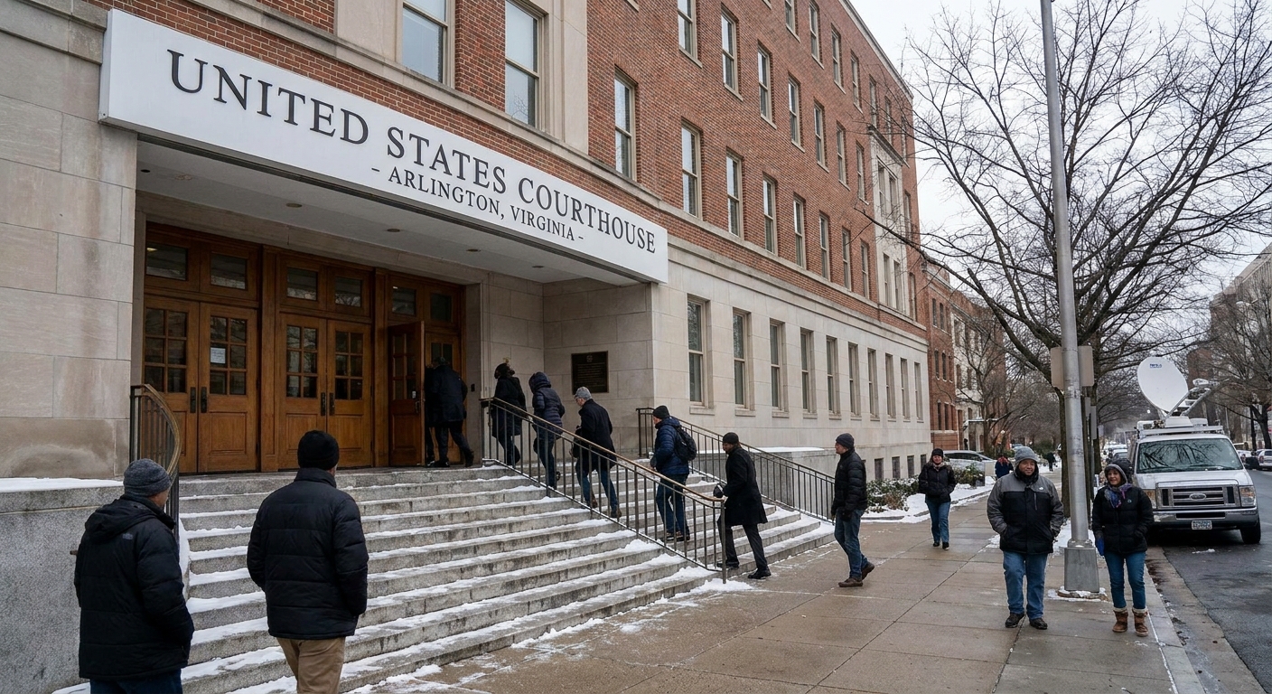 The exterior of a federal courthouse in Arlington, Virginia on a winter morning, with people walking up the steps toward the entrance, realistic news photography style